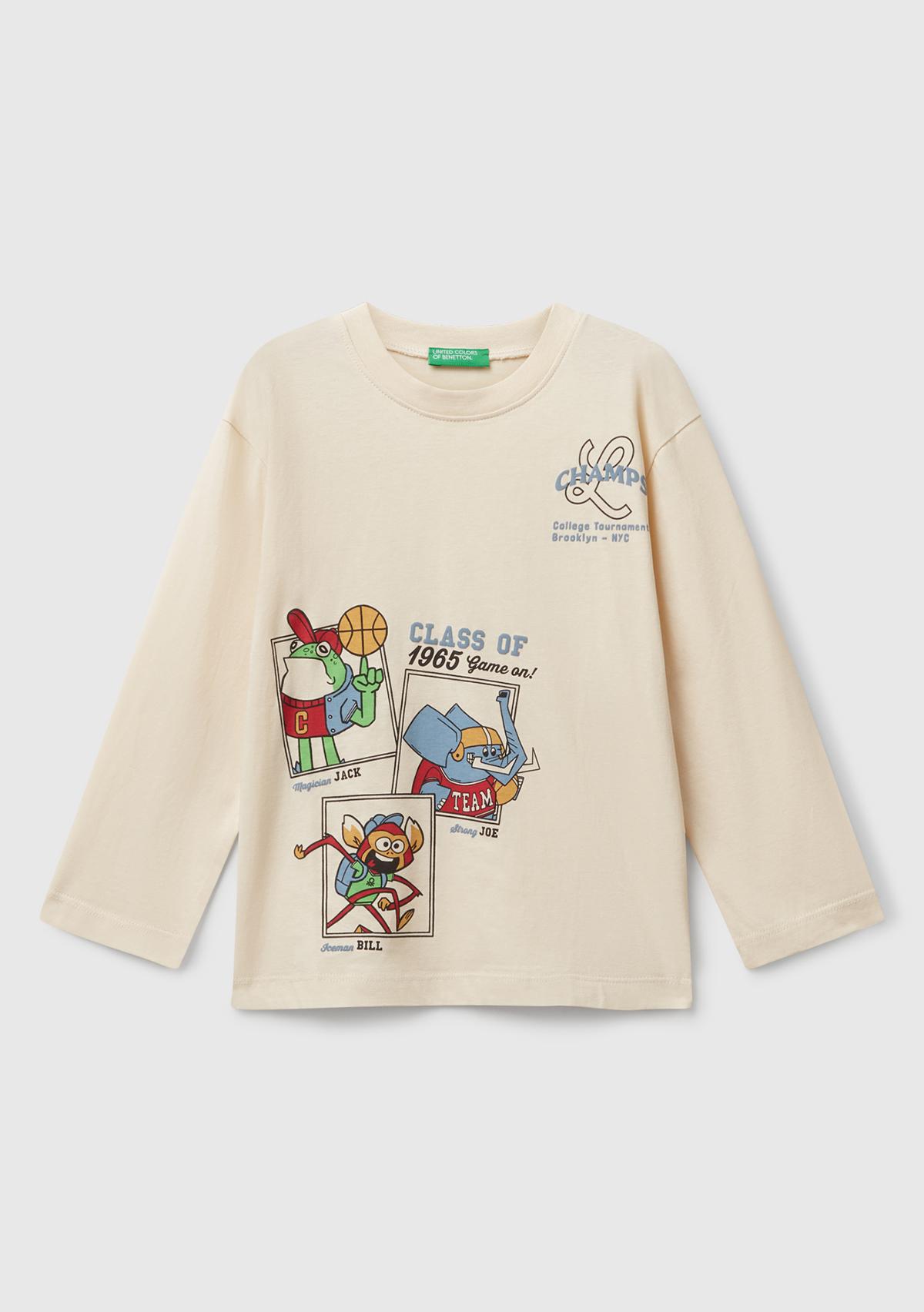 Erkek Çocuk Krem Baskılı Bisiklet Yaka Uzun Kollu T-shirt