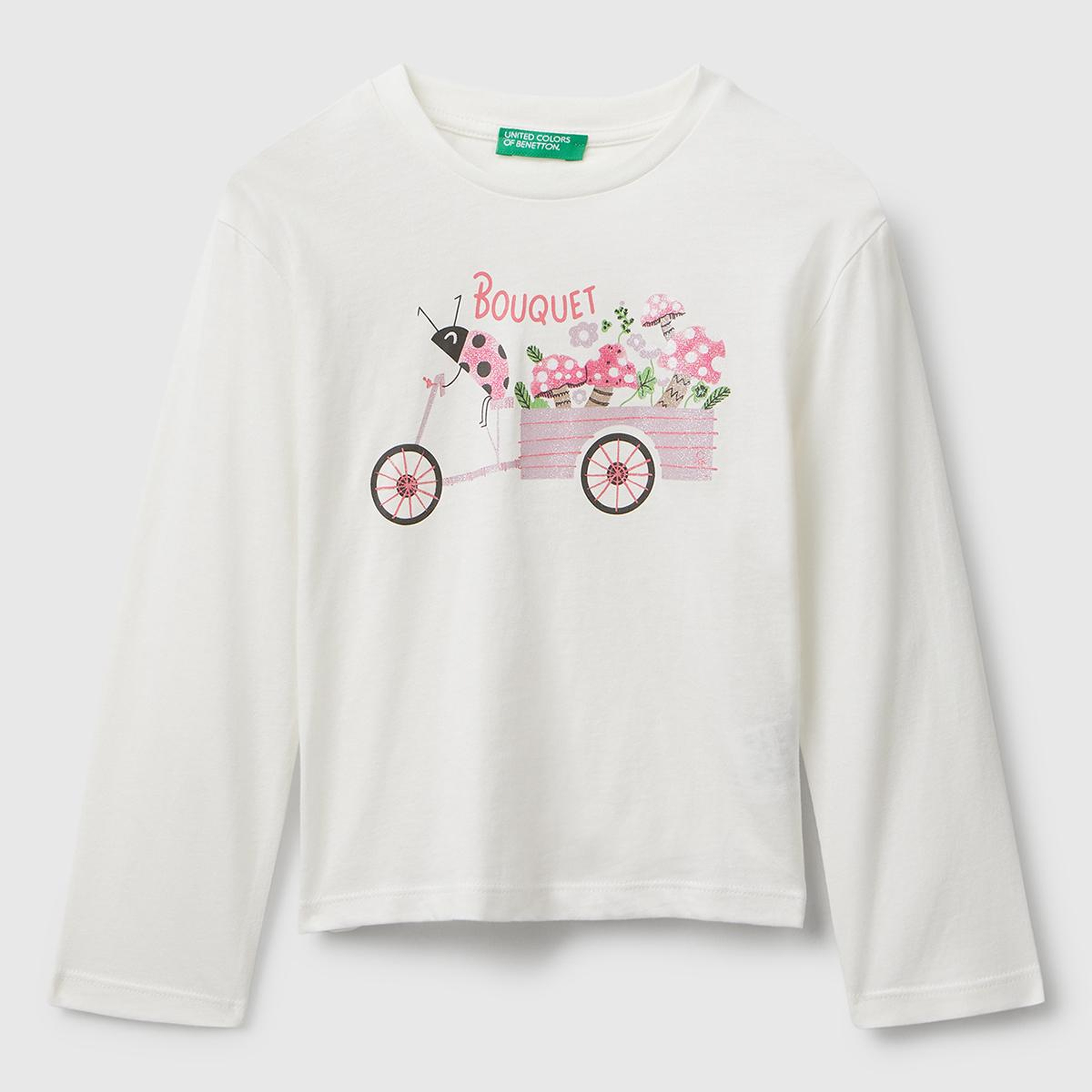 Kız Çocuk Ekru Önü Parıltılı Baskılı Bisiklet Yaka Uzun Kollu T-shirt