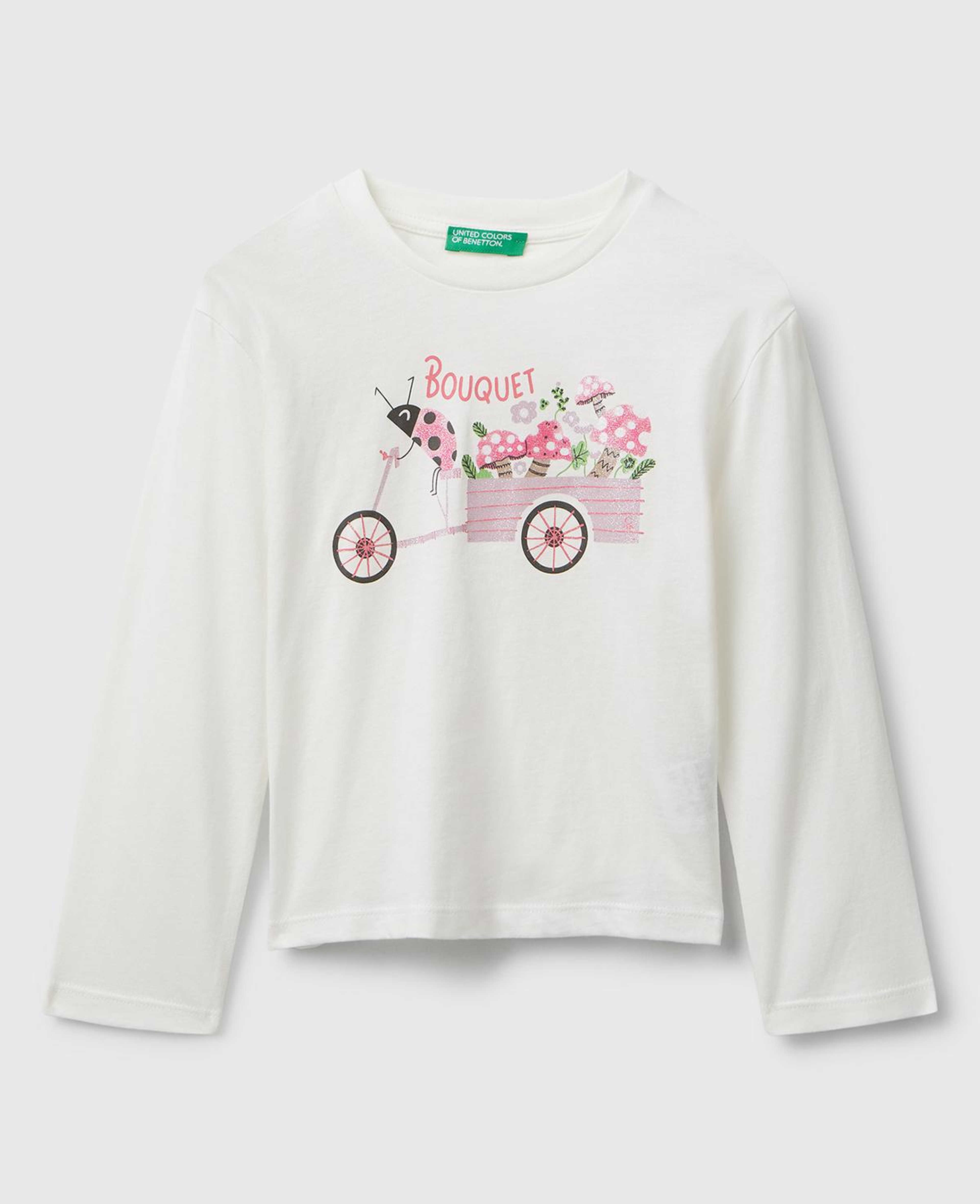 Kız Çocuk Ekru Önü Parıltılı Baskılı Bisiklet Yaka Uzun Kollu T-shirt
