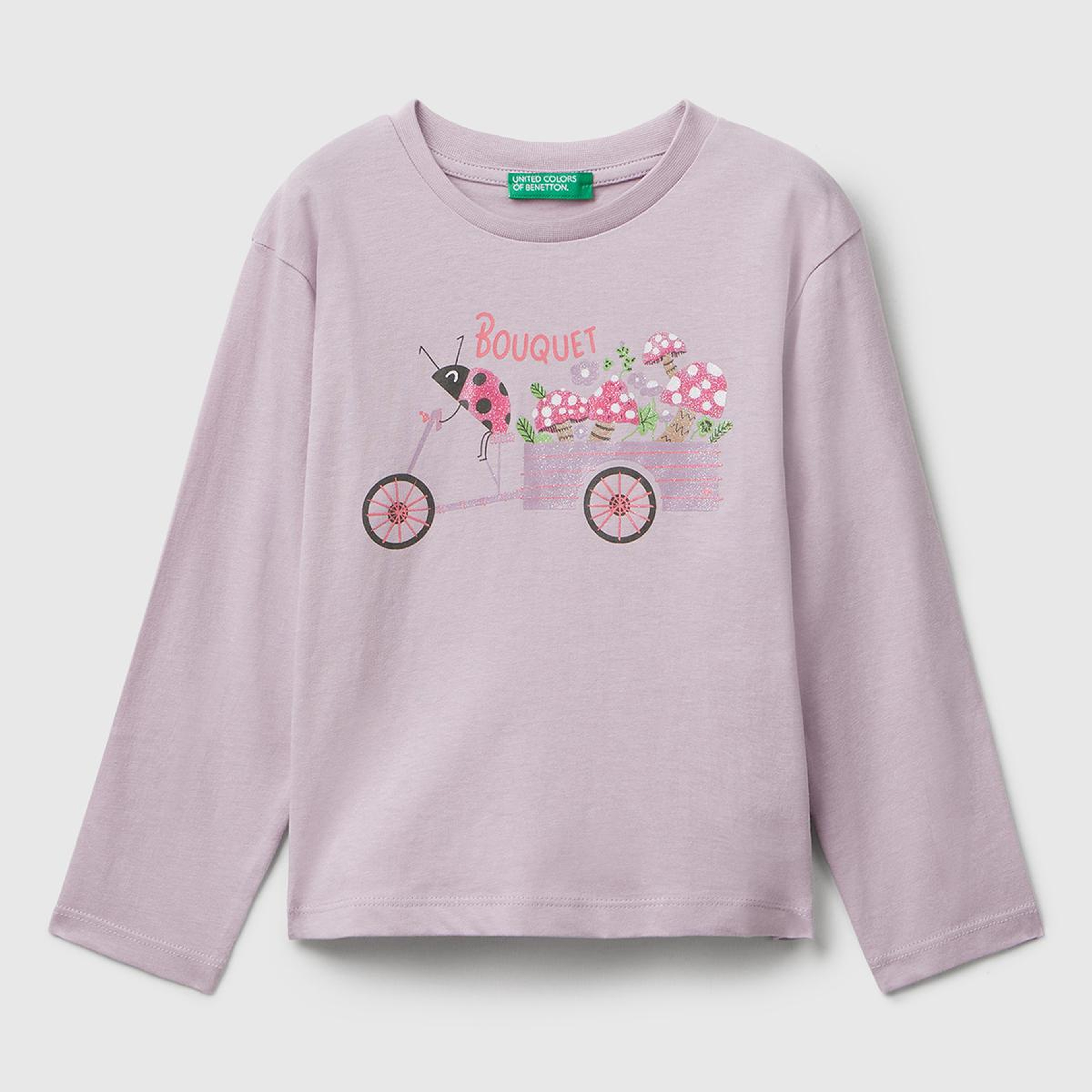 Kız Çocuk Lila Önü Parıltılı Baskılı Bisiklet Yaka Uzun Kollu T-shirt