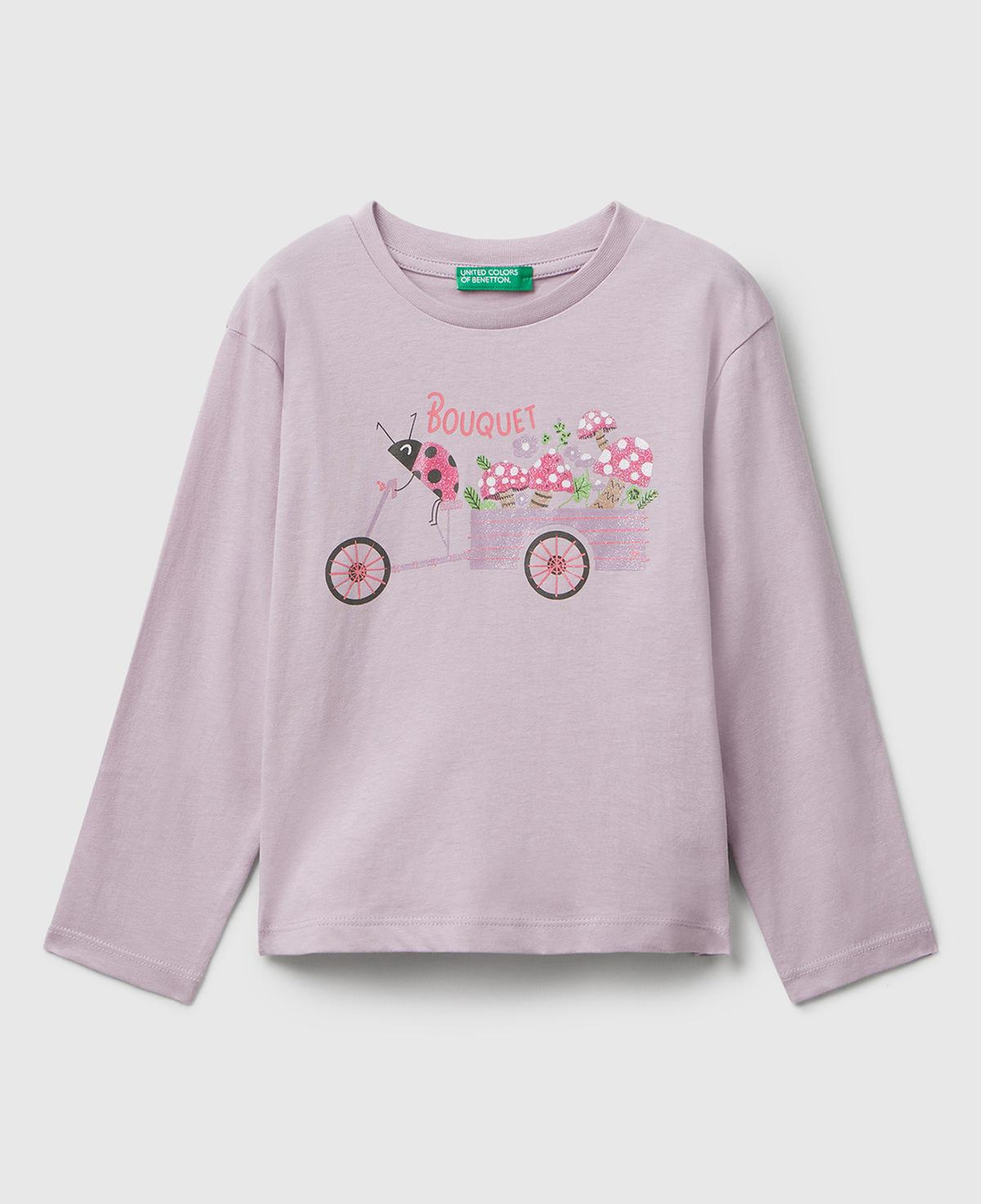 Kız Çocuk Lila Önü Parıltılı Baskılı Bisiklet Yaka Uzun Kollu T-shirt