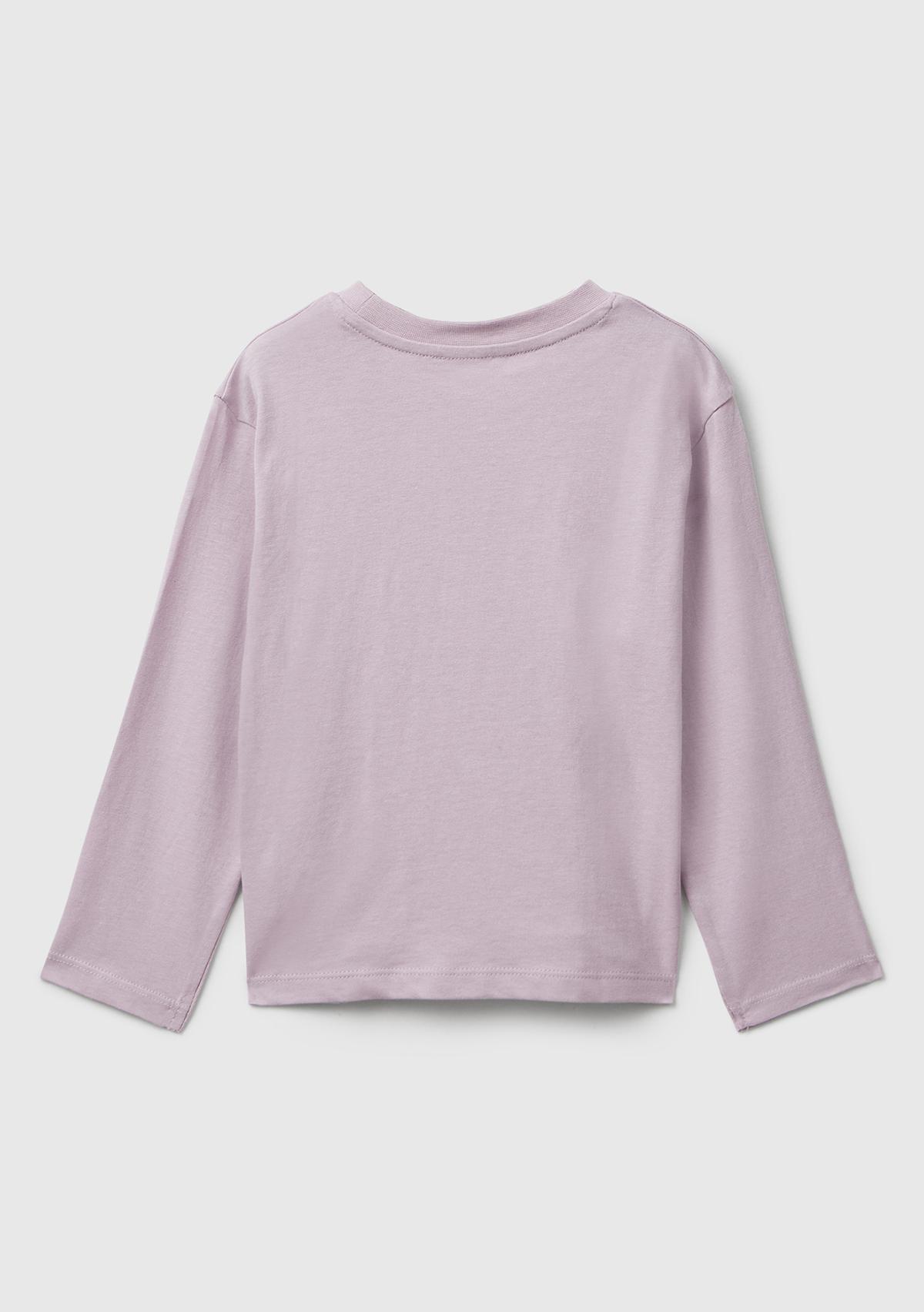 Kız Çocuk Lila Önü Parıltılı Baskılı Bisiklet Yaka Uzun Kollu T-shirt