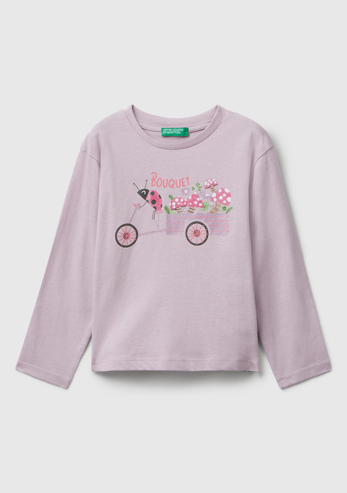 Kız Çocuk Lila Önü Parıltılı Baskılı Bisiklet Yaka Uzun Kollu T-shirt