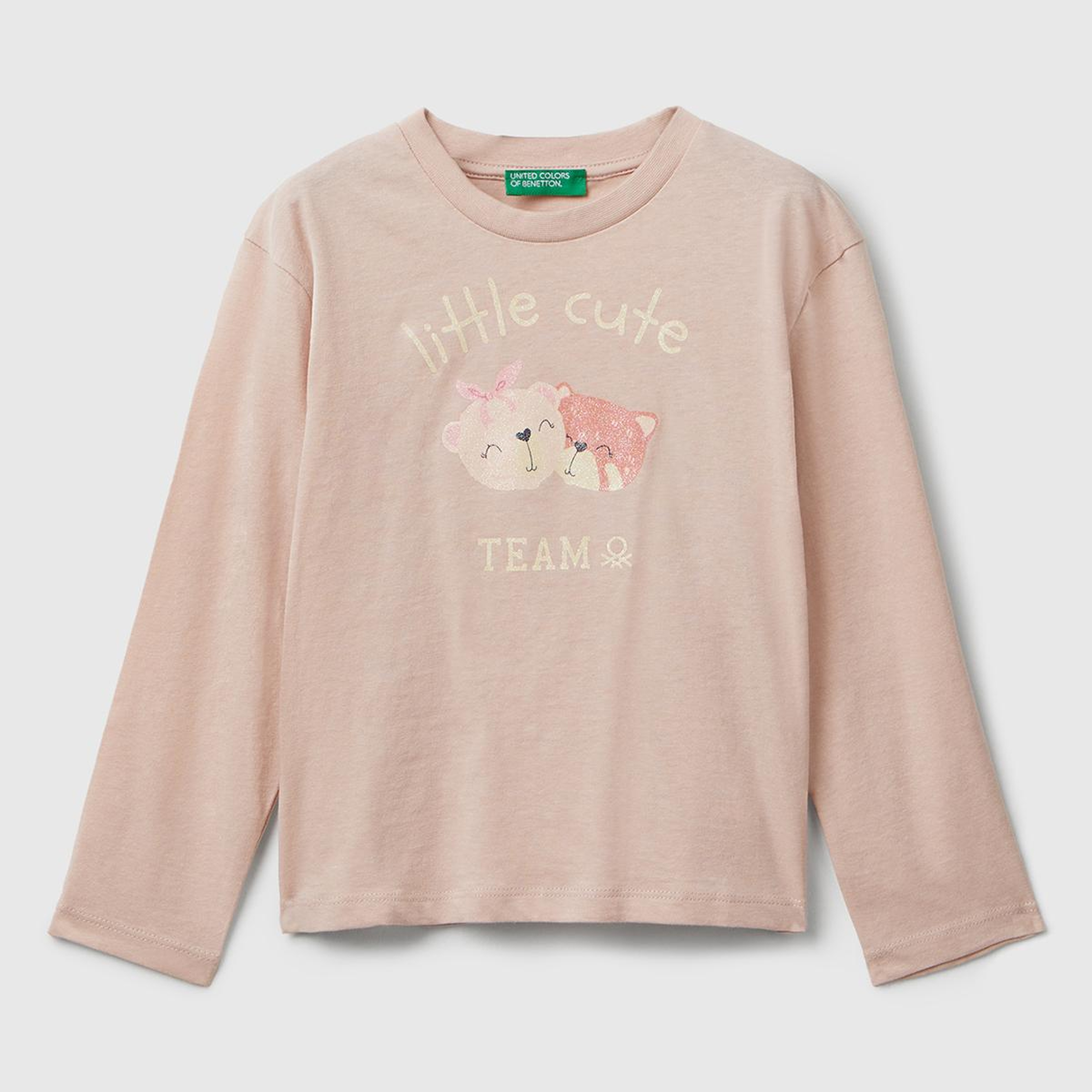 Kız Çocuk Toz Pembe Önü Parıltılı Baskılı Bisiklet Yaka Uzun Kollu T-shirt