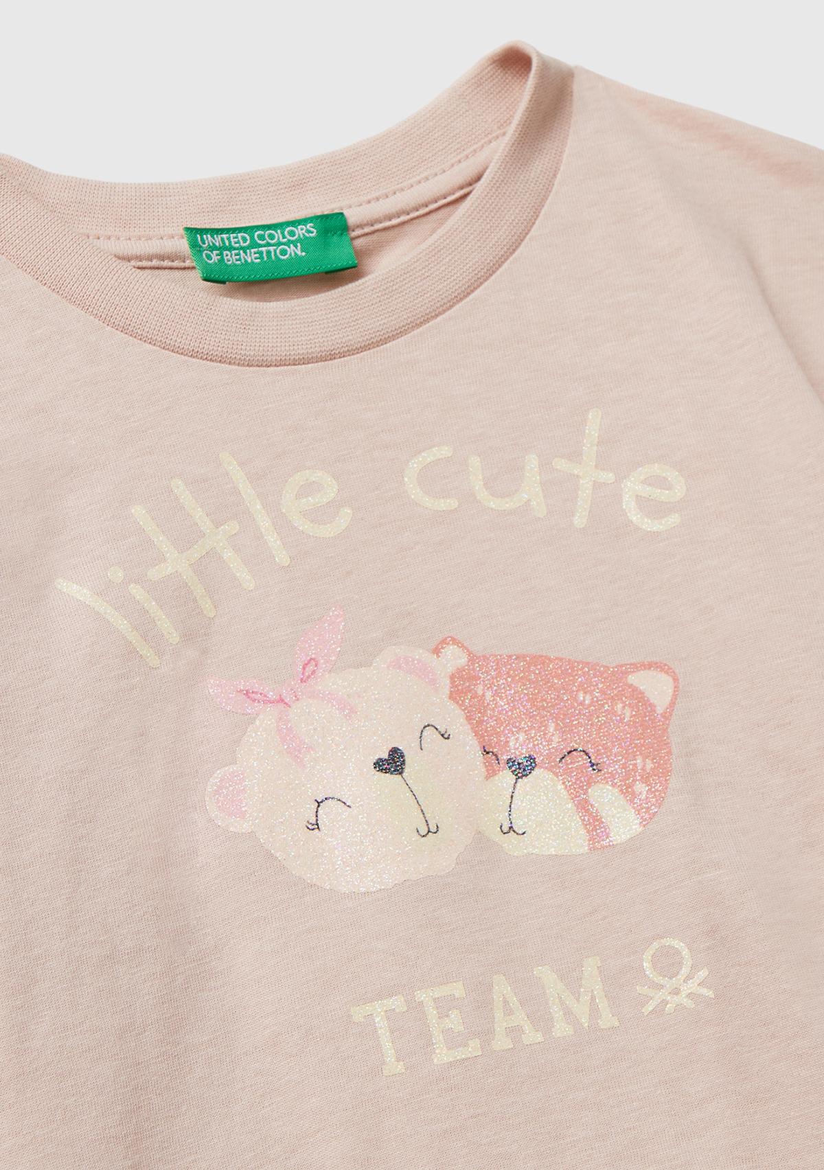 Kız Çocuk Toz Pembe Önü Parıltılı Baskılı Bisiklet Yaka Uzun Kollu T-shirt