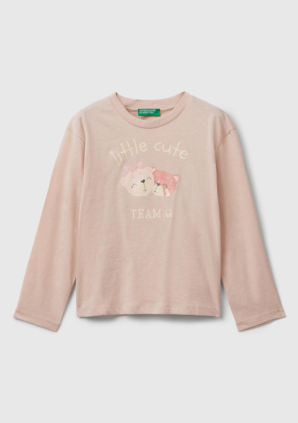 Kız Çocuk Toz Pembe Önü Parıltılı Baskılı Bisiklet Yaka Uzun Kollu T-shirt