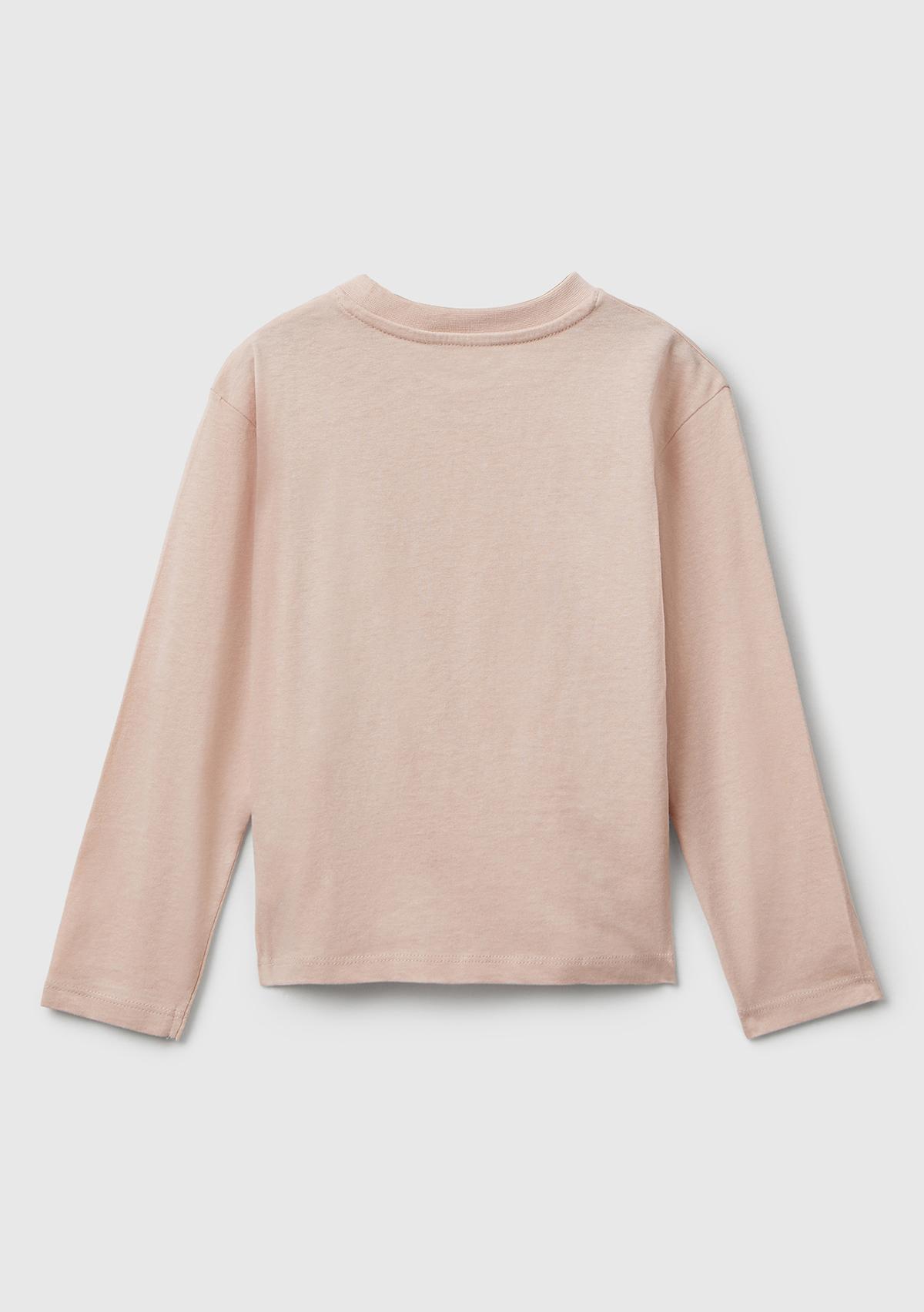 Kız Çocuk Toz Pembe Önü Parıltılı Baskılı Bisiklet Yaka Uzun Kollu T-shirt