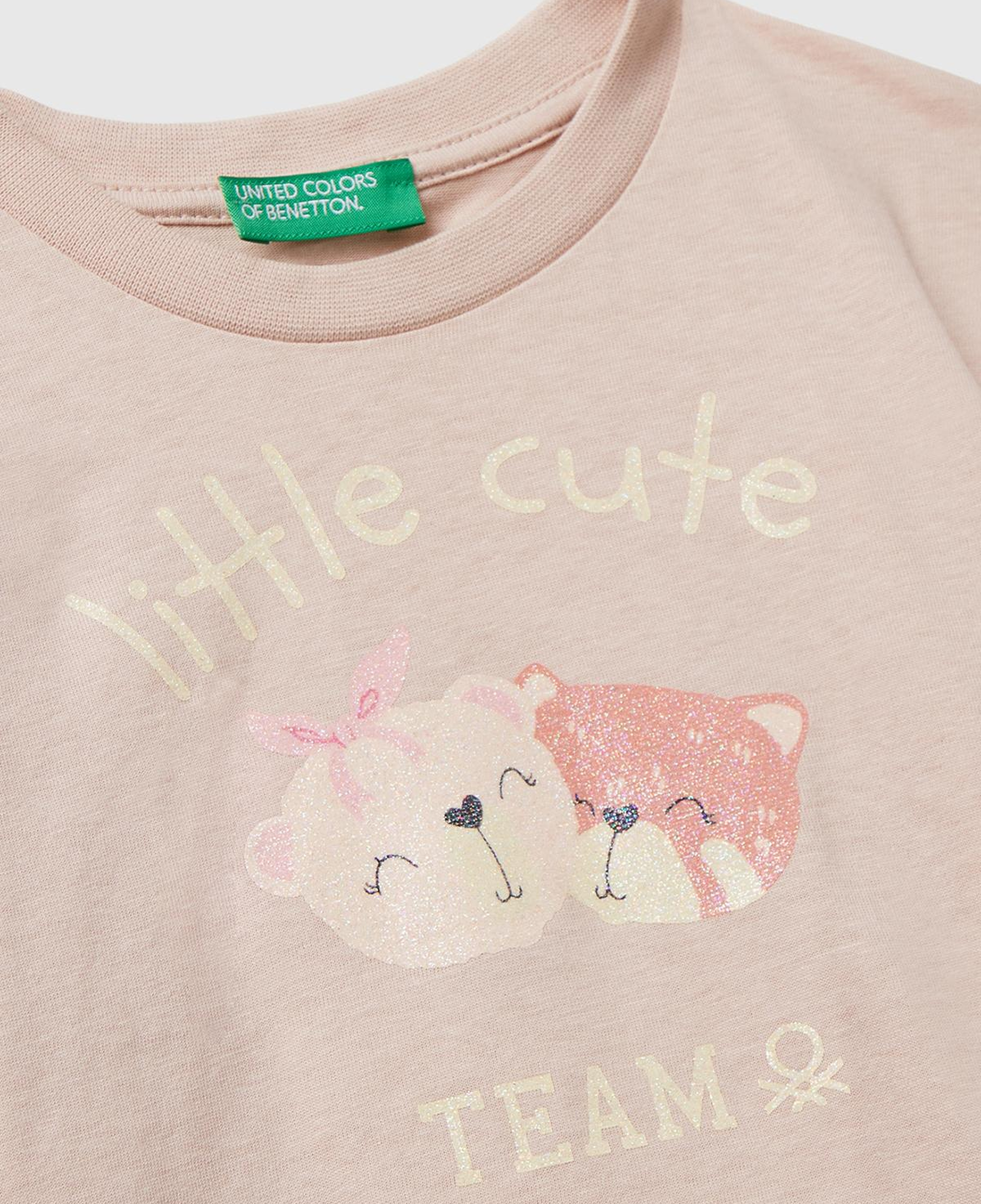 Kız Çocuk Toz Pembe Önü Parıltılı Baskılı Bisiklet Yaka Uzun Kollu T-shirt