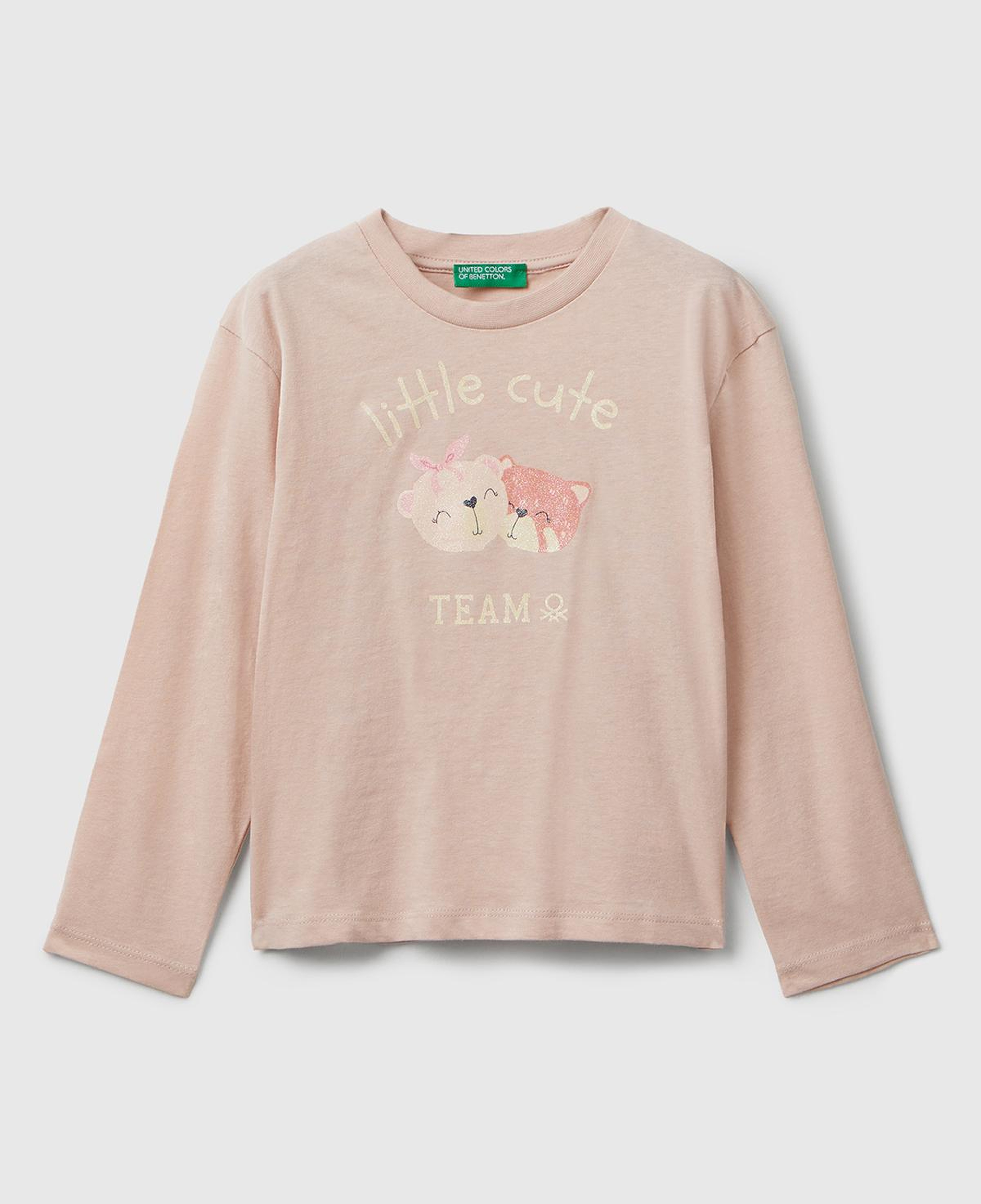 Kız Çocuk Toz Pembe Önü Parıltılı Baskılı Bisiklet Yaka Uzun Kollu T-shirt