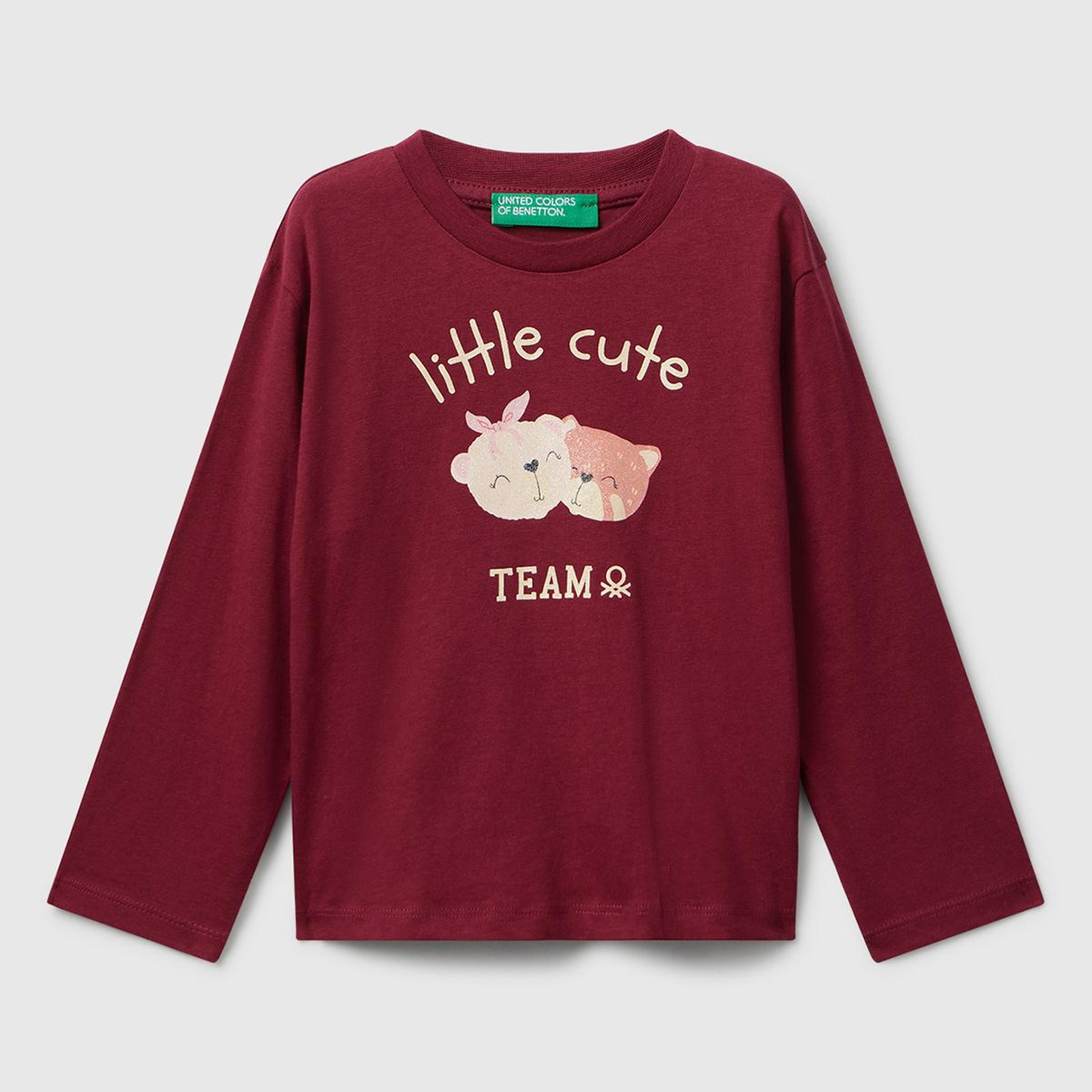Kız Çocuk Bordo Önü Parıltılı Baskılı Bisiklet Yaka Uzun Kollu T-shirt