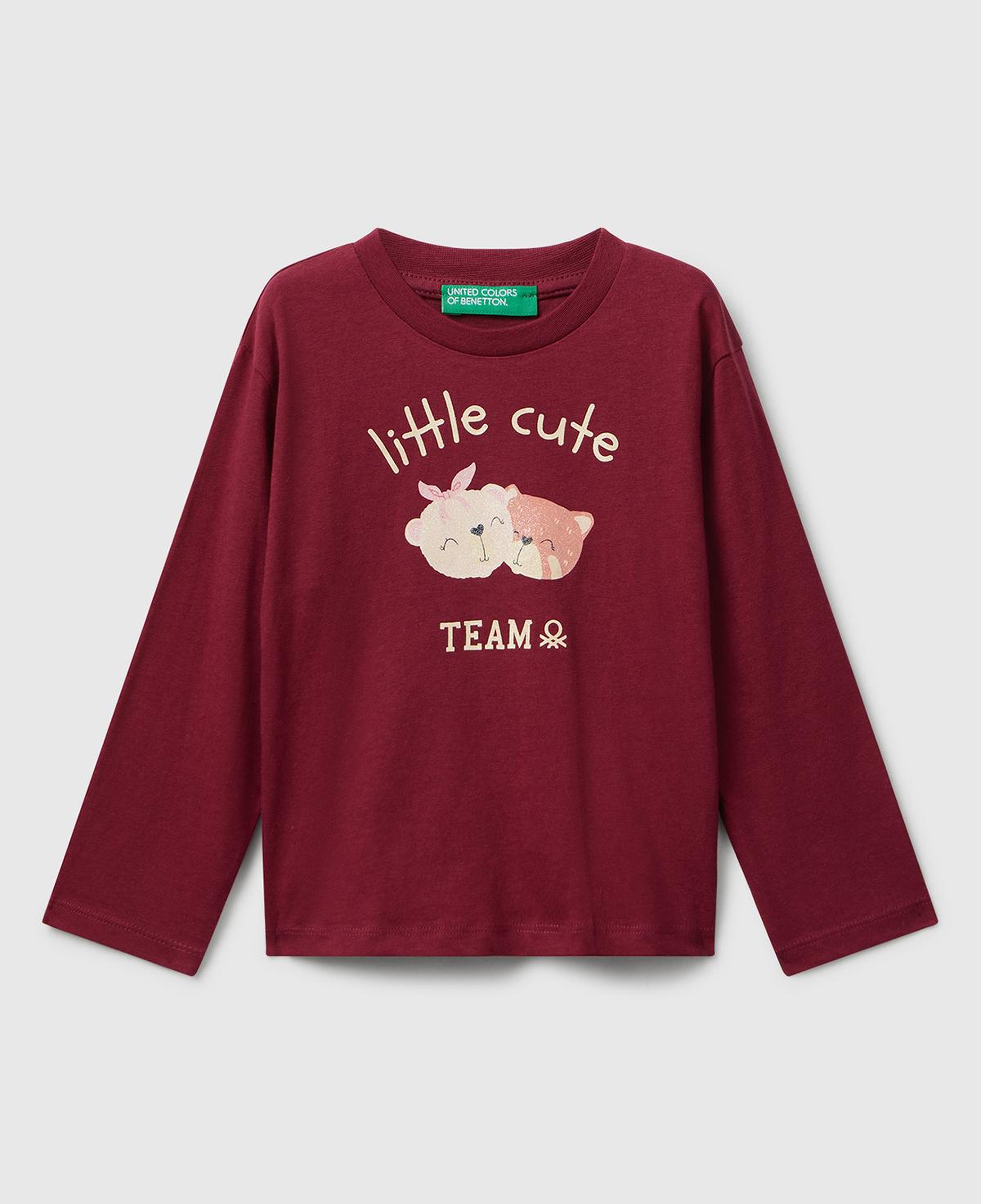 Kız Çocuk Bordo Önü Parıltılı Baskılı Bisiklet Yaka Uzun Kollu T-shirt