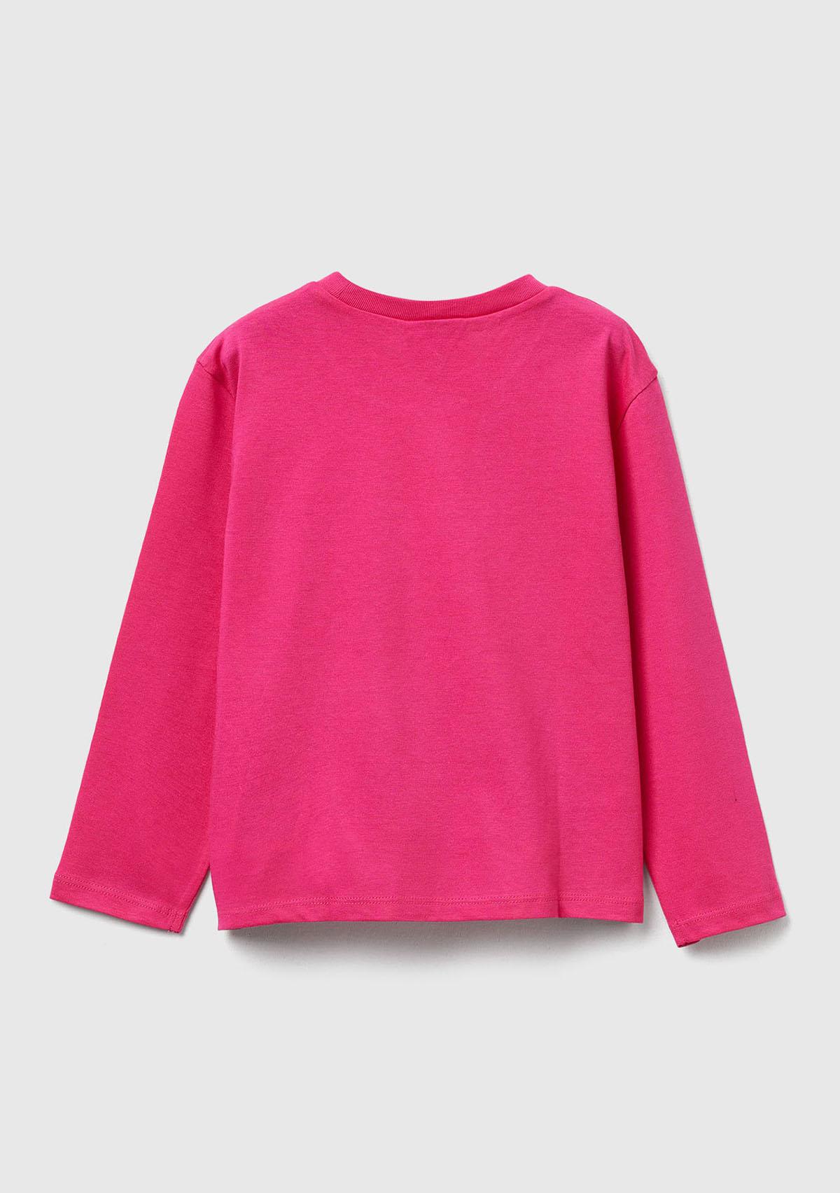 Kız Çocuk Pembe Önü Baskılı Logo Etiketli Ribana Yakalı Uzun Kollu T-shirt