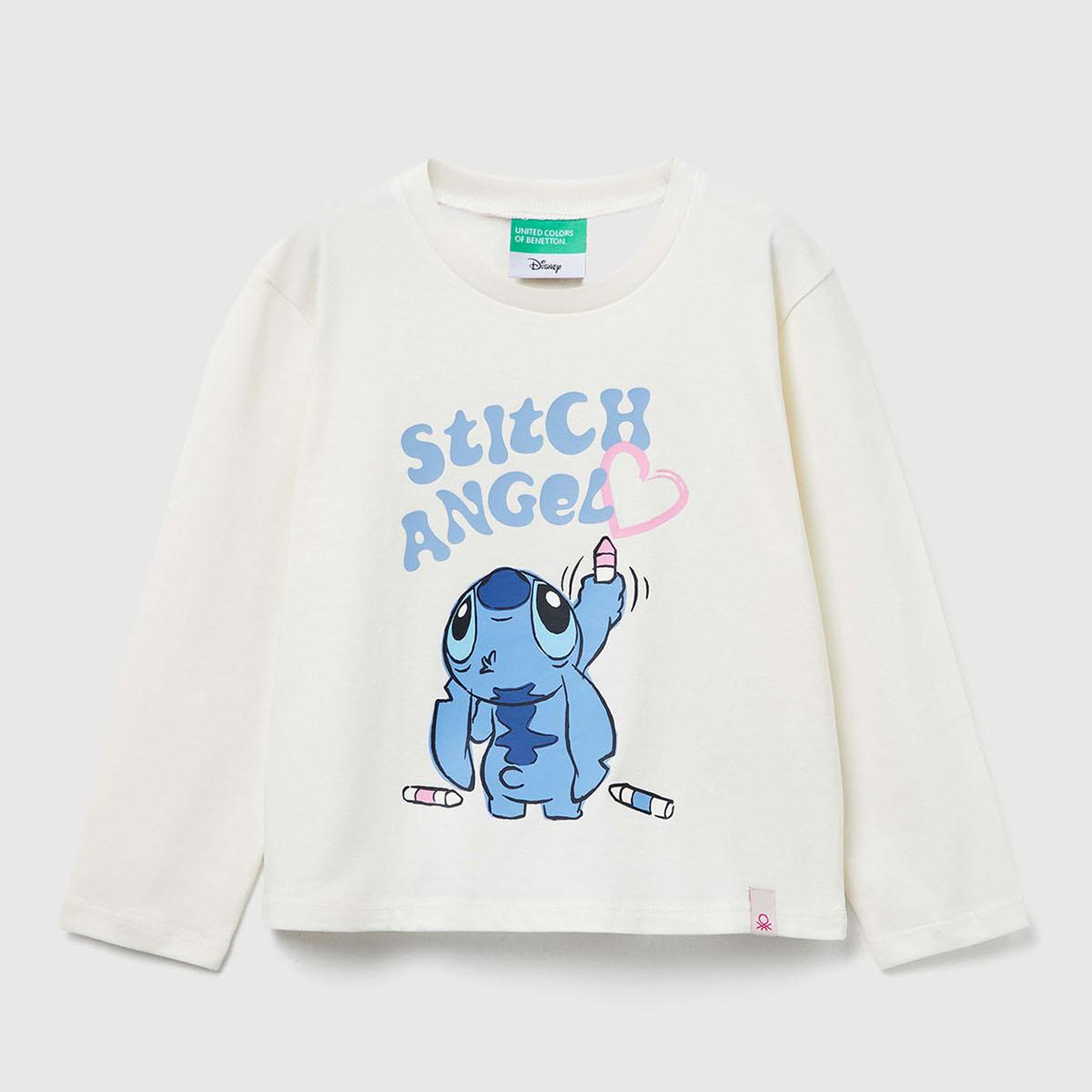 Kız Çocuk Ekru Önü Baskılı Logo Etiketli Ribana Yakalı Uzun Kollu T-shirt