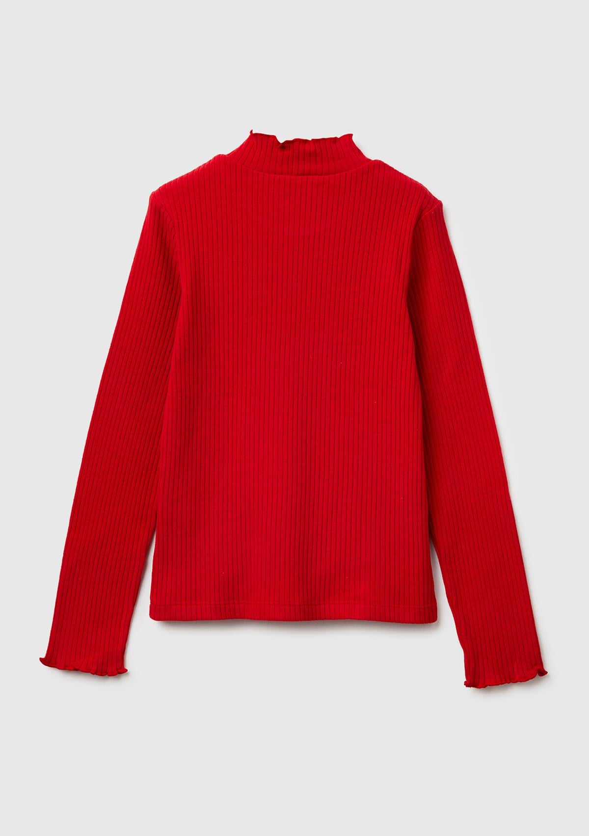 Kız Çocuk Kırmızı Logo Etiketli Fırfır Detaylı Yarım Balıkçı Yaka Uzun Kollu T-Shirt