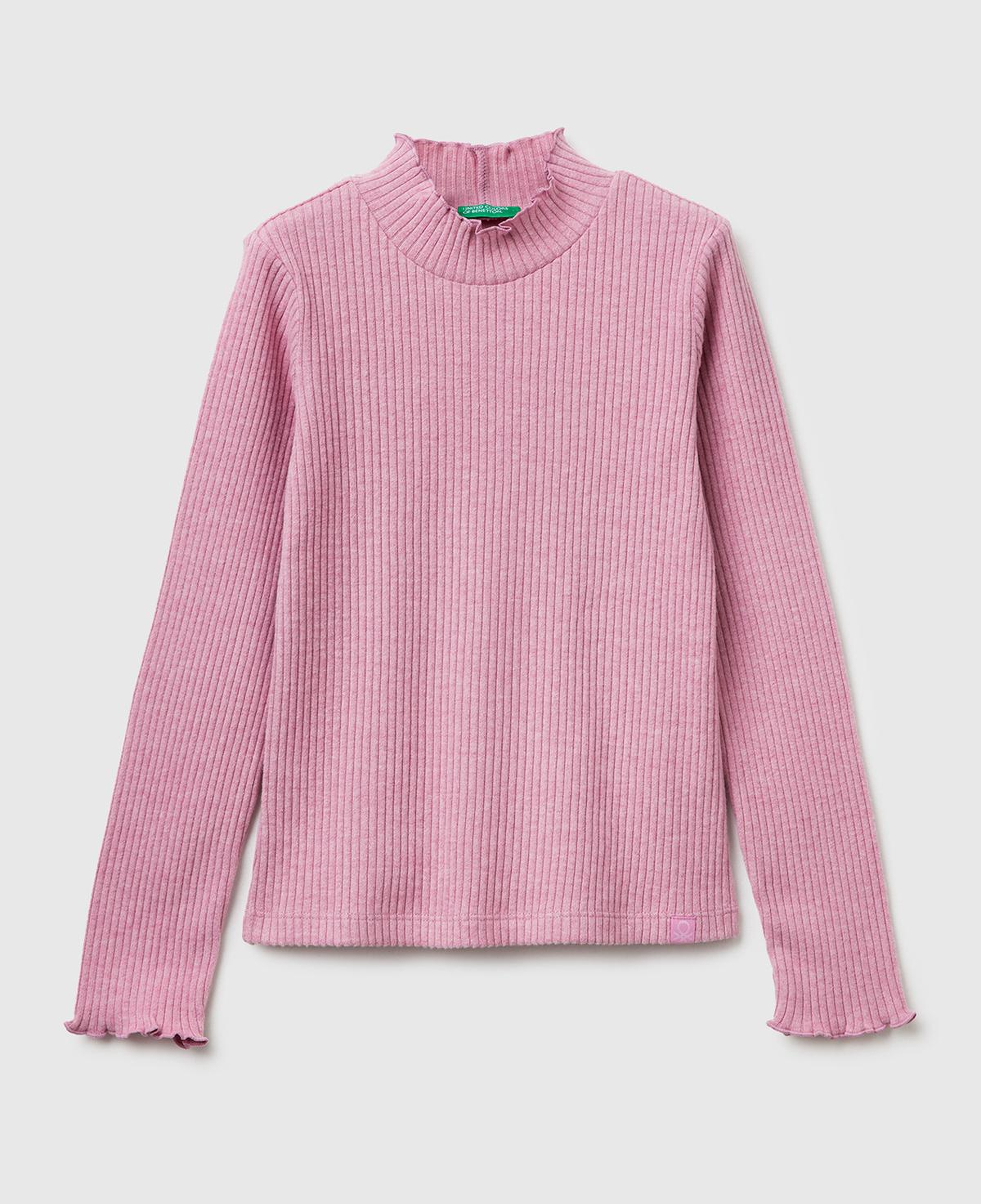 Kız Çocuk Pembe Logo Etiketli Fırfır Detaylı Yarım Balıkçı Yaka Uzun Kollu T-Shirt