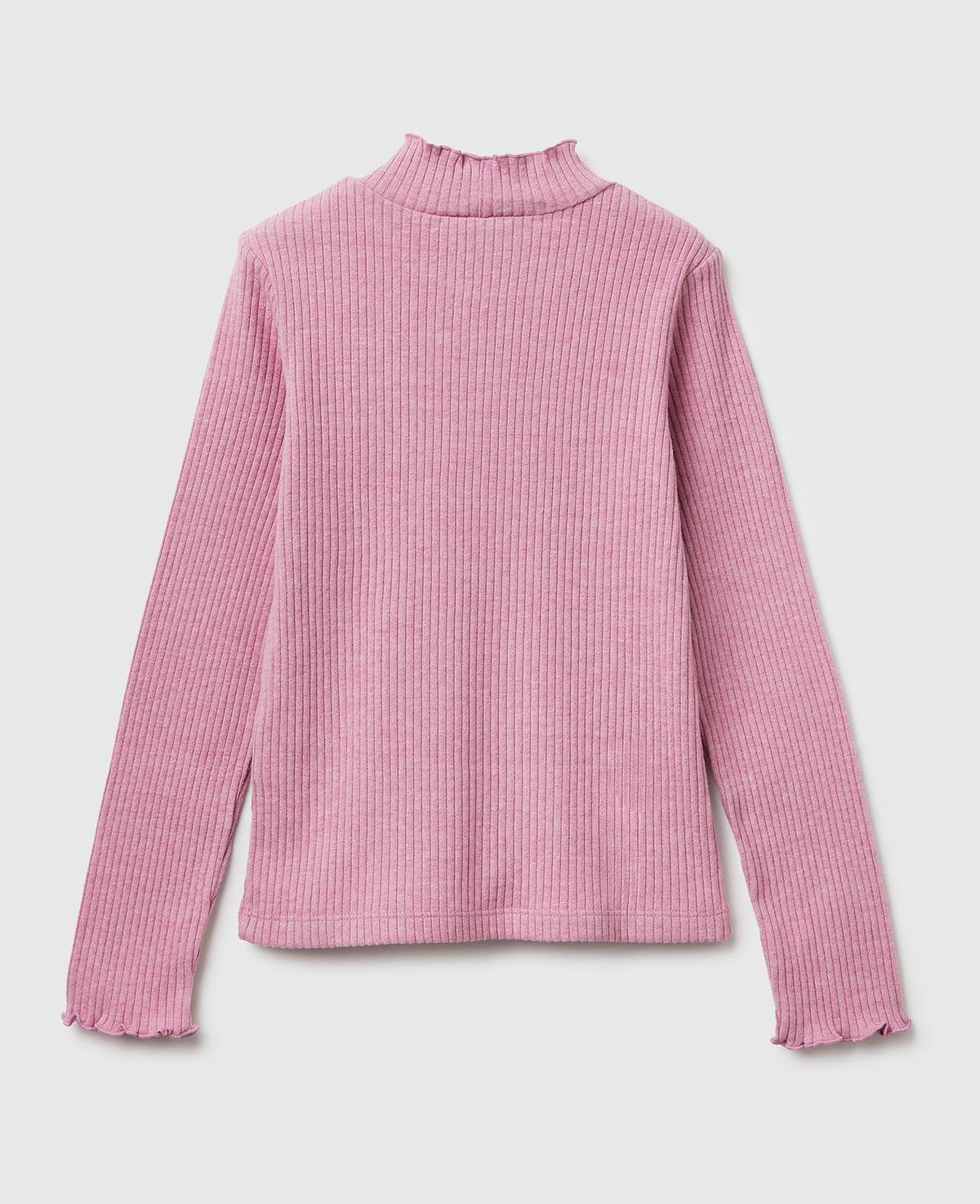 Kız Çocuk Pembe Logo Etiketli Fırfır Detaylı Yarım Balıkçı Yaka Uzun Kollu T-Shirt