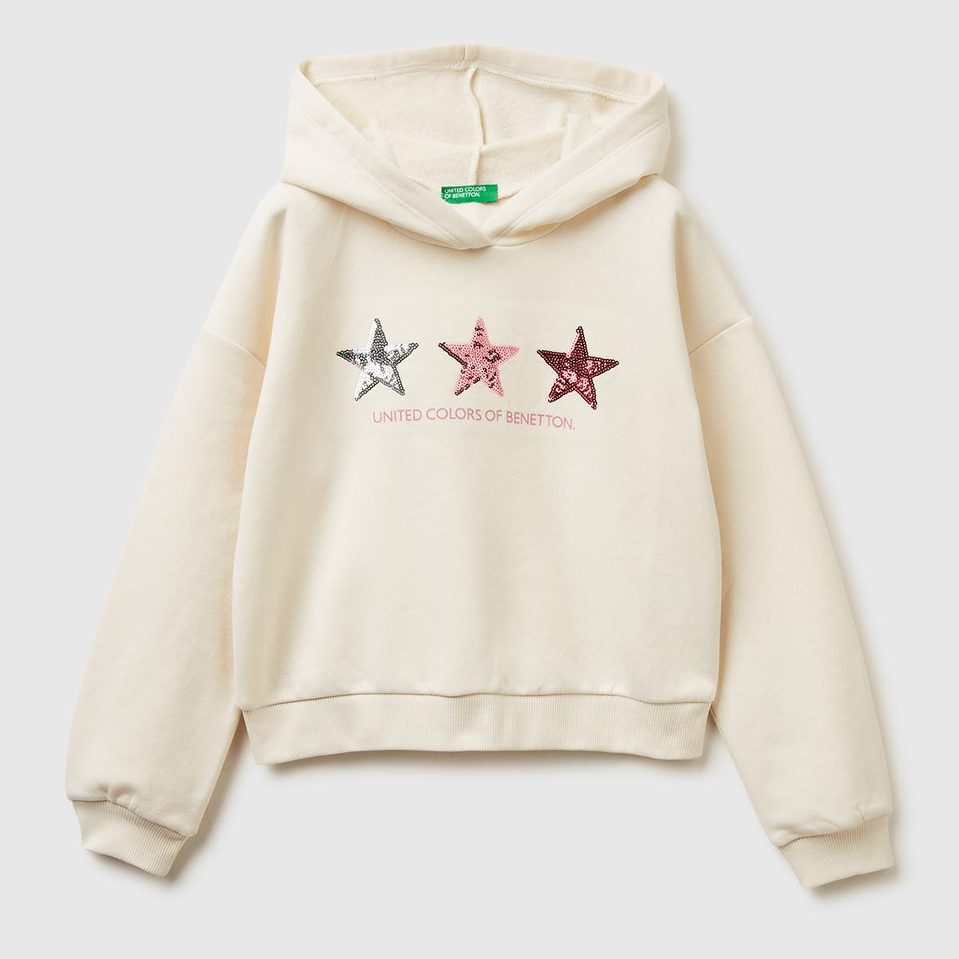Kız Çocuk Ekru Payet İşlemeli Nervürlü Regular Fit Kapüşonlu Şardonlu Sweatshirt
