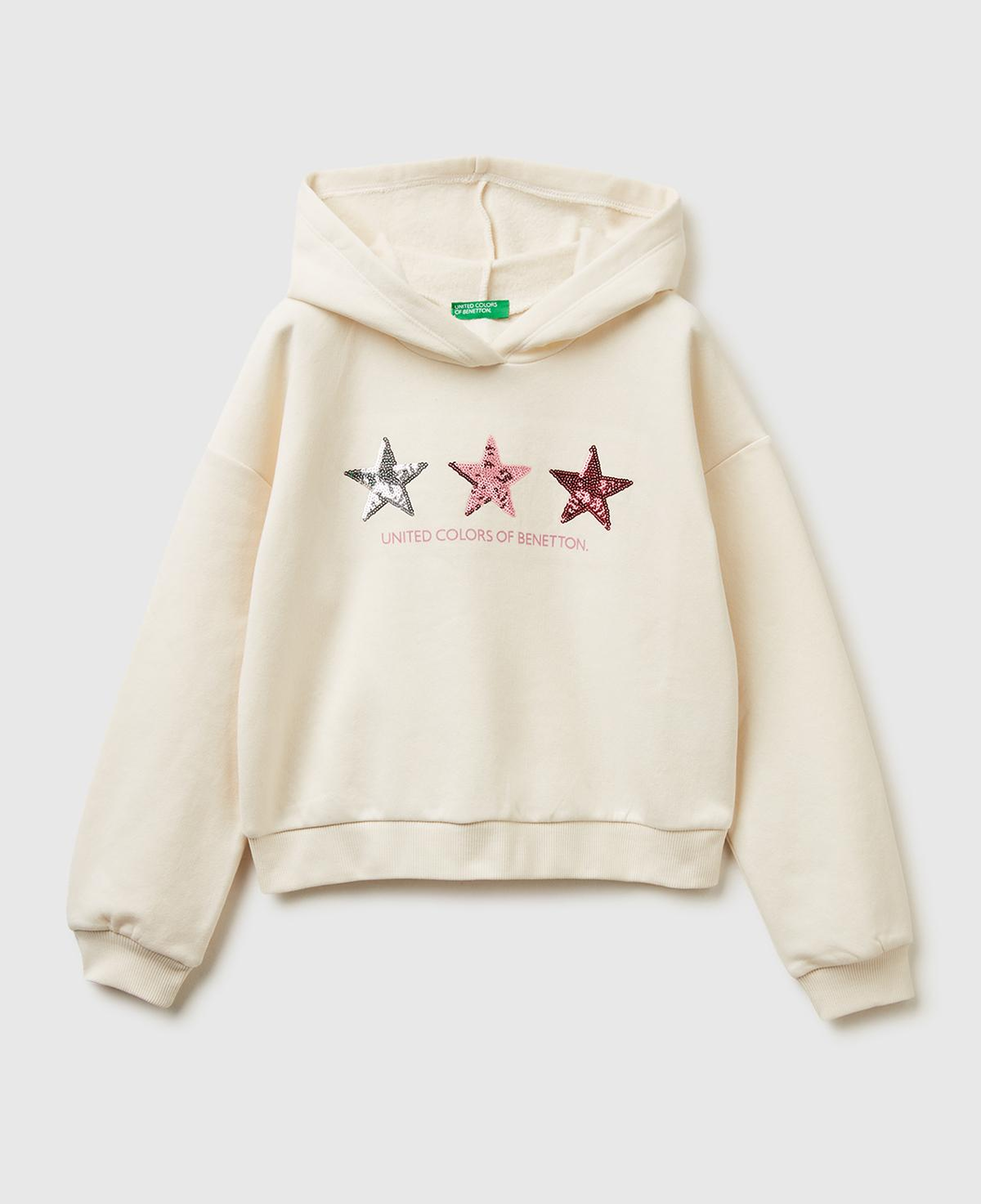 Kız Çocuk Ekru Payet İşlemeli Nervürlü Regular Fit Kapüşonlu Şardonlu Sweatshirt