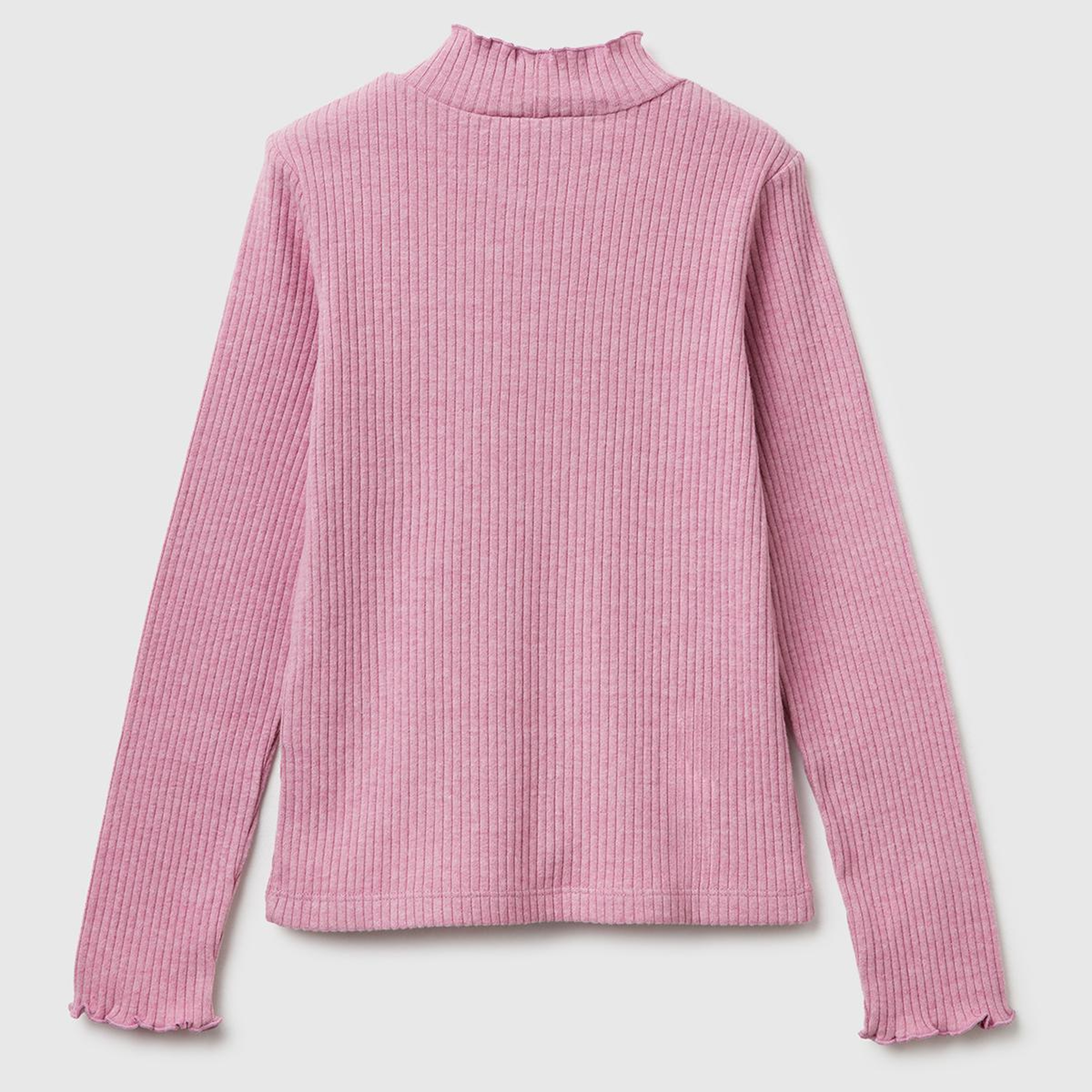 Kız Çocuk Pembe Logo Etiketli Fırfır Detaylı Yarım Balıkçı Yaka Uzun Kollu T-Shirt