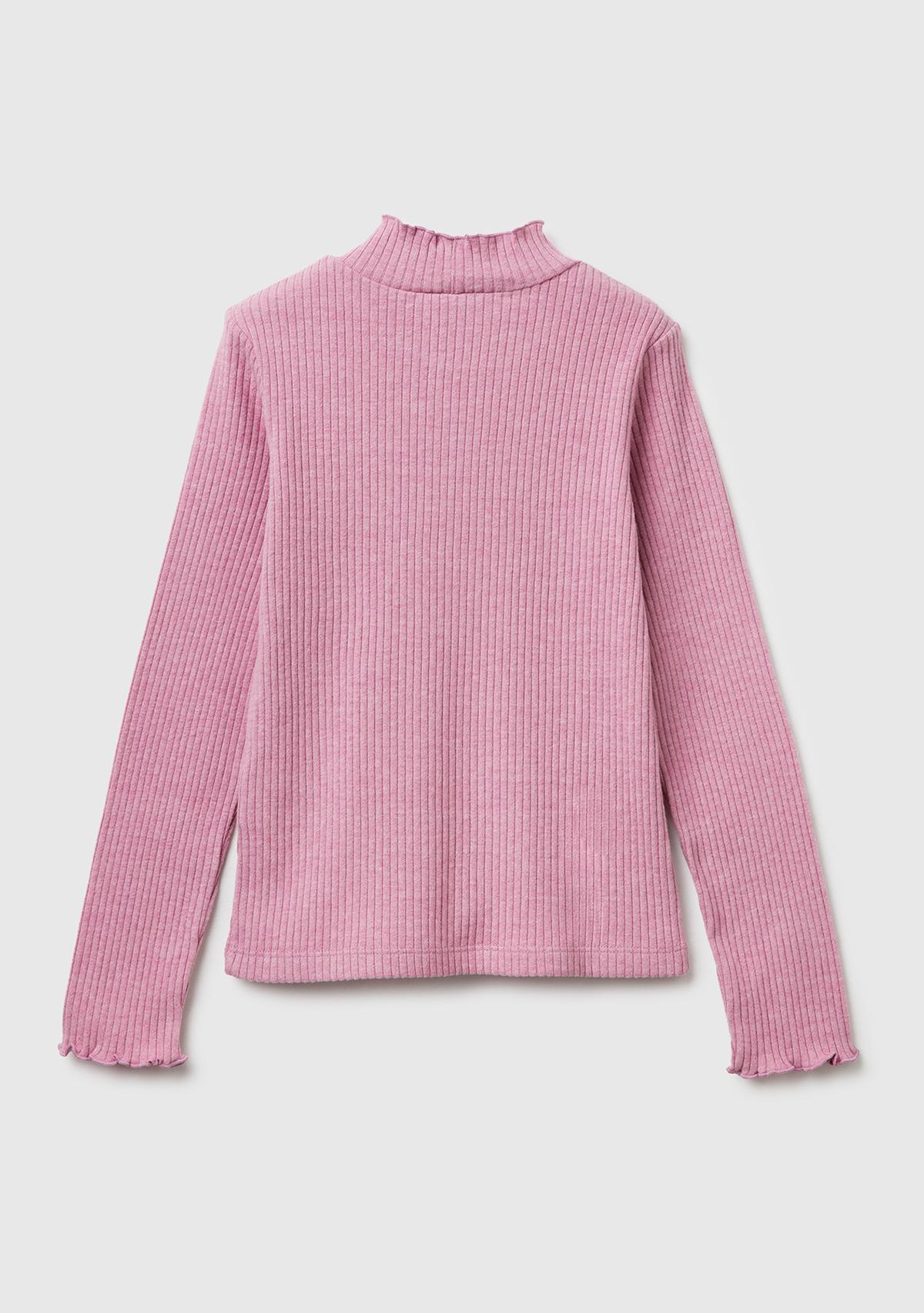Kız Çocuk Pembe Logo Etiketli Fırfır Detaylı Yarım Balıkçı Yaka Uzun Kollu T-Shirt