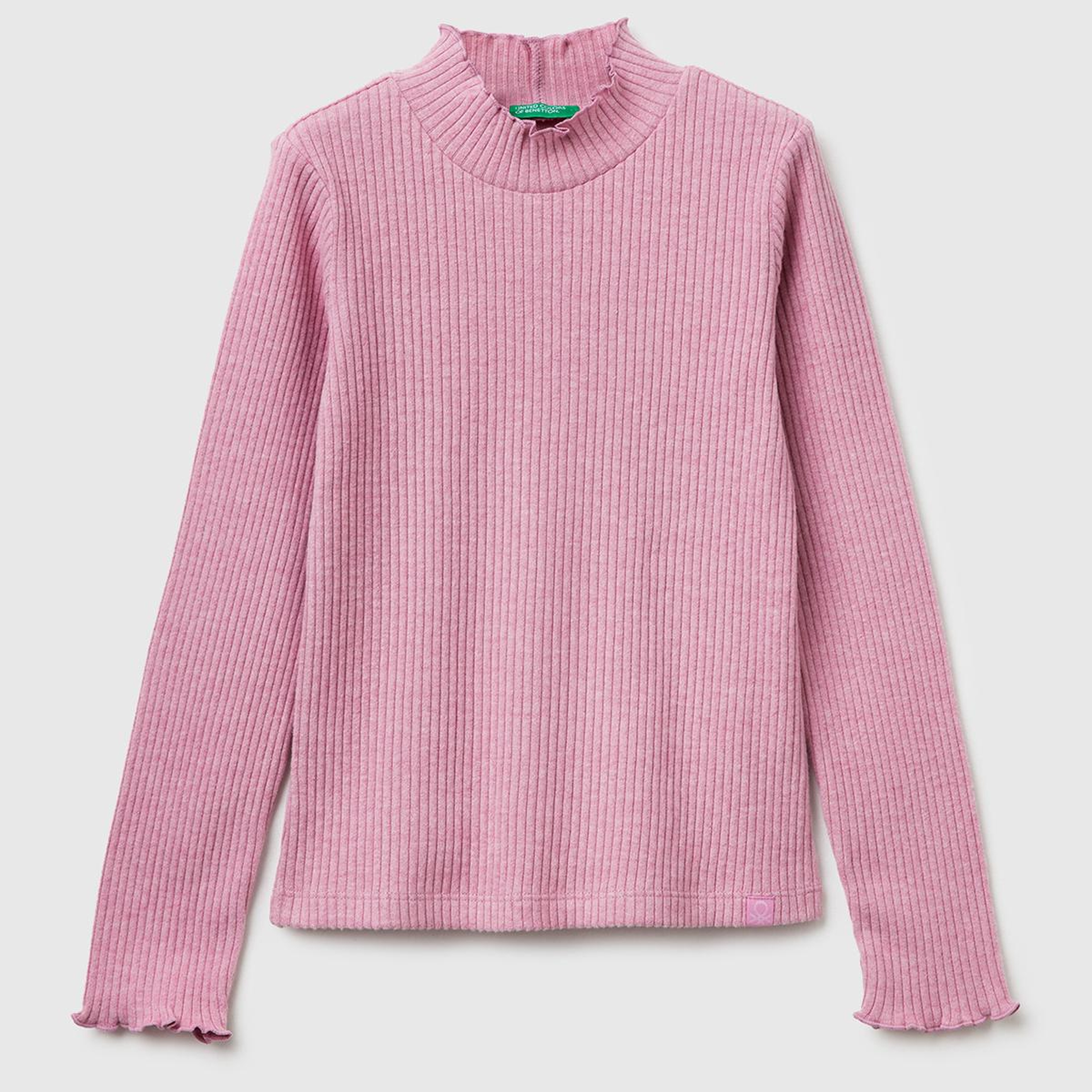 Kız Çocuk Pembe Logo Etiketli Fırfır Detaylı Yarım Balıkçı Yaka Uzun Kollu T-Shirt