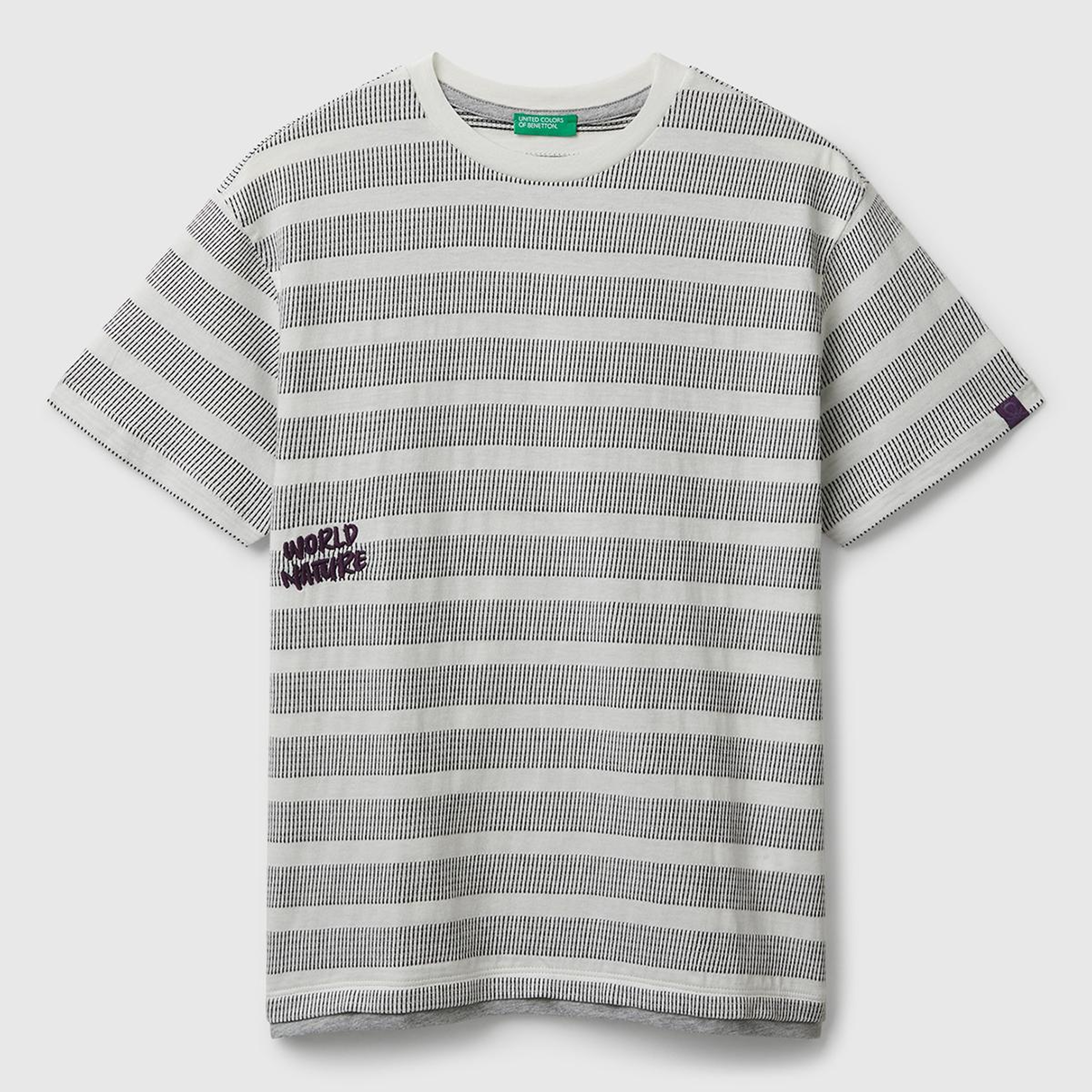 Erkek Çocuk Gri Çizgili Önü Yazı Detaylı Kolu Logo Etiketli Oversize T-shirt