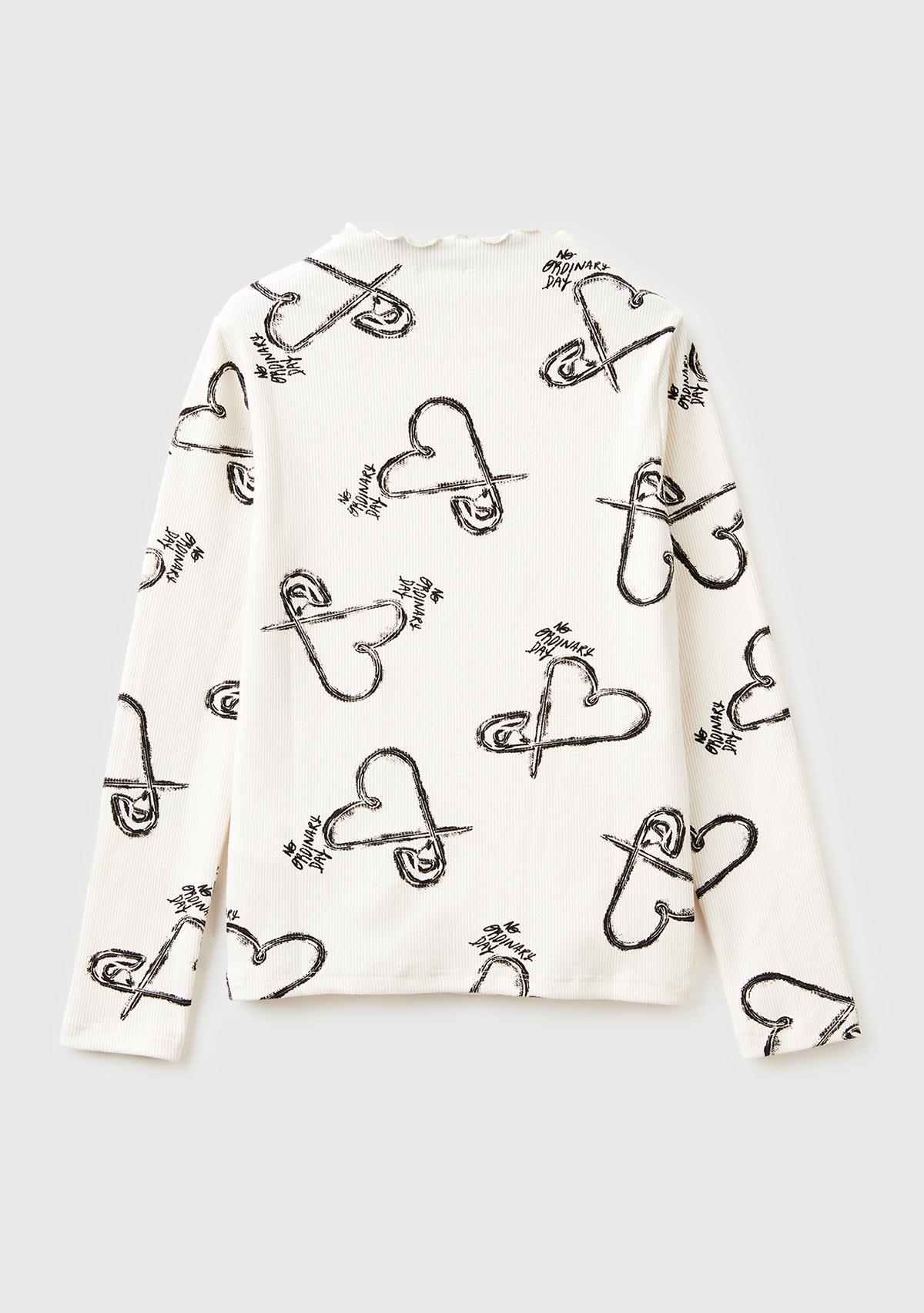 Kız Çocuk Ekru Tamamı Baskılı Logo Etiketli Yarım Balıkçı  Yaka Uzun Kollu T-Shirt