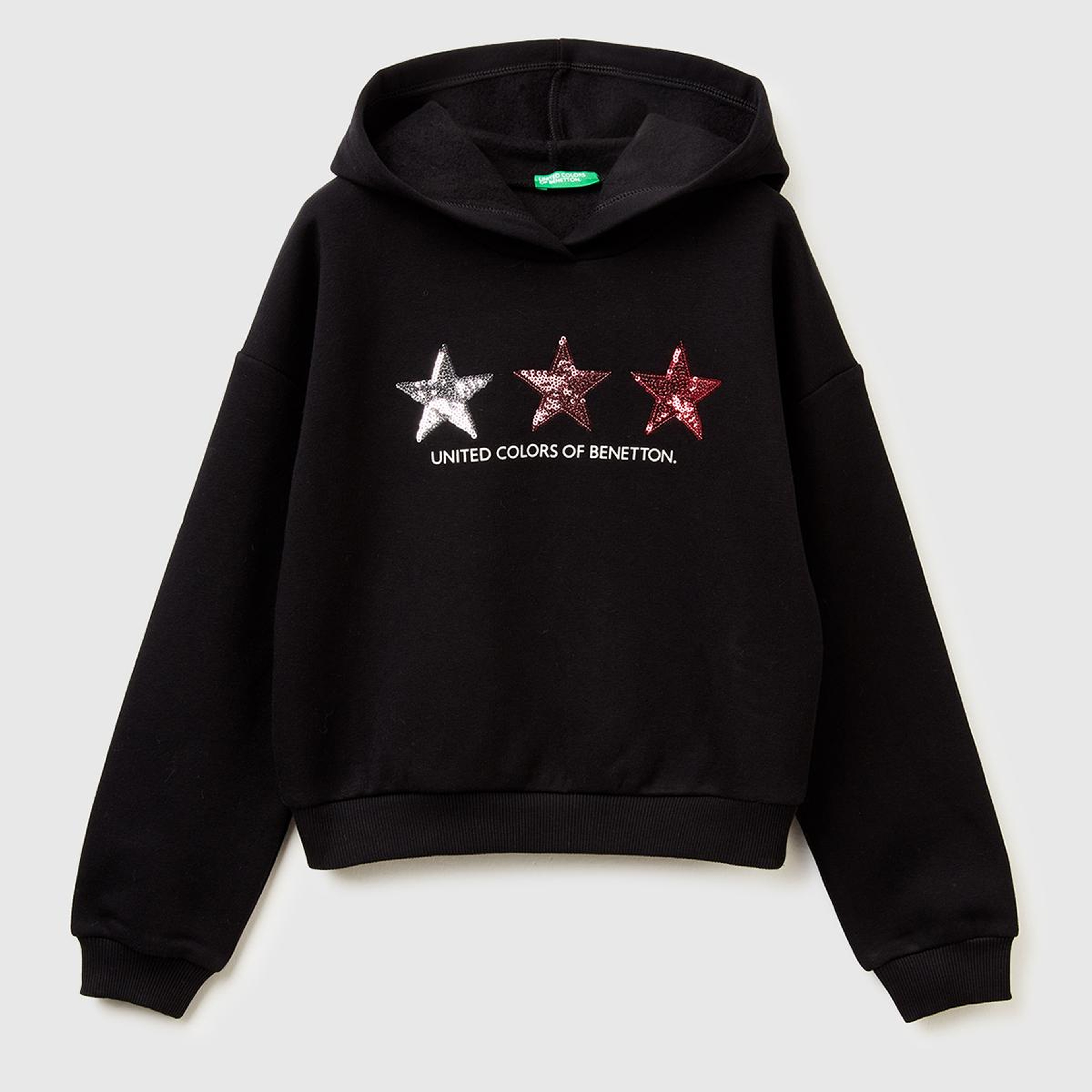 Kız Çocuk Siyah Payet İşlemeli Nervürlü Regular Fit Kapüşonlu Şardonlu Sweatshirt