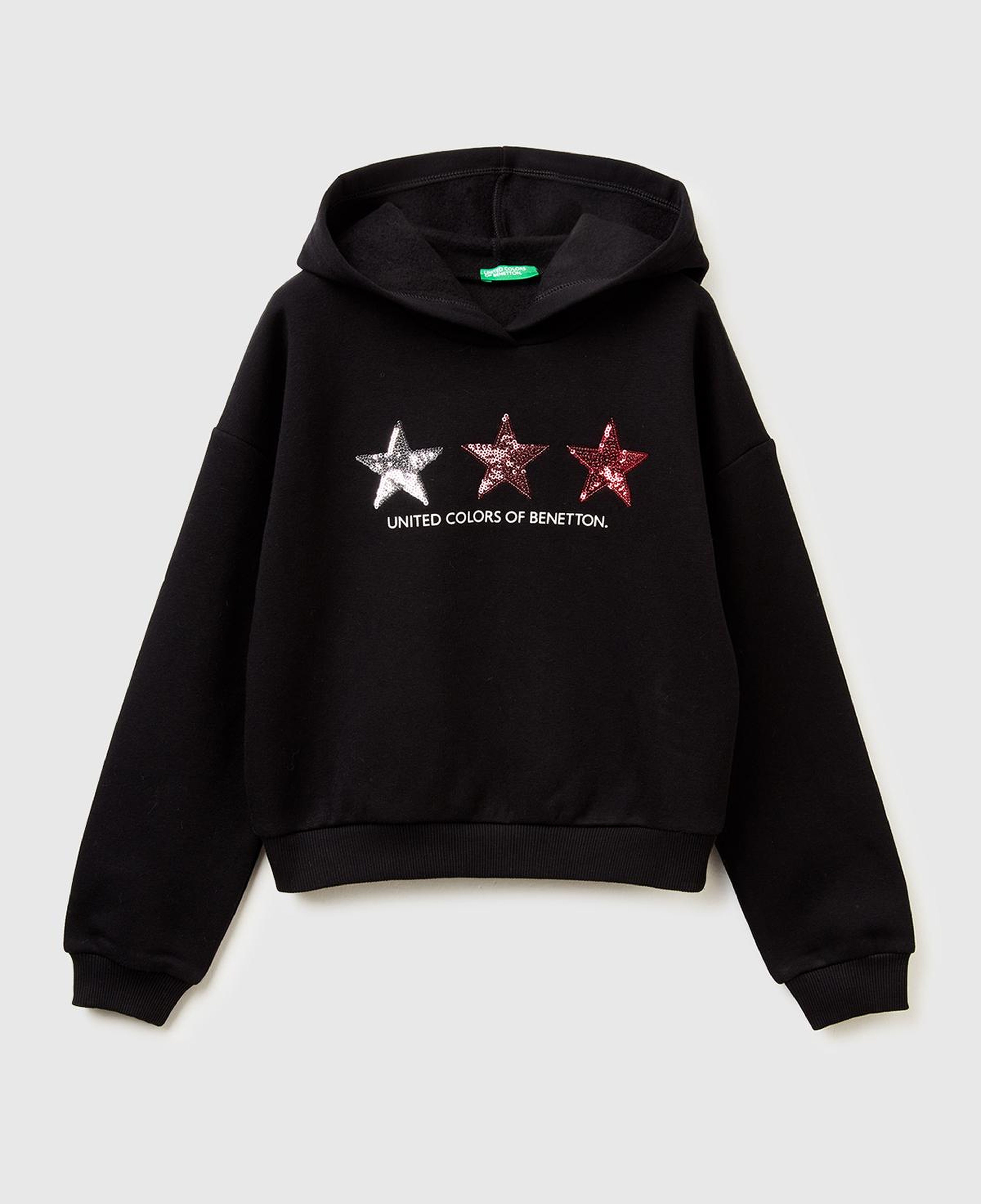Kız Çocuk Siyah Payet İşlemeli Nervürlü Regular Fit Kapüşonlu Şardonlu Sweatshirt