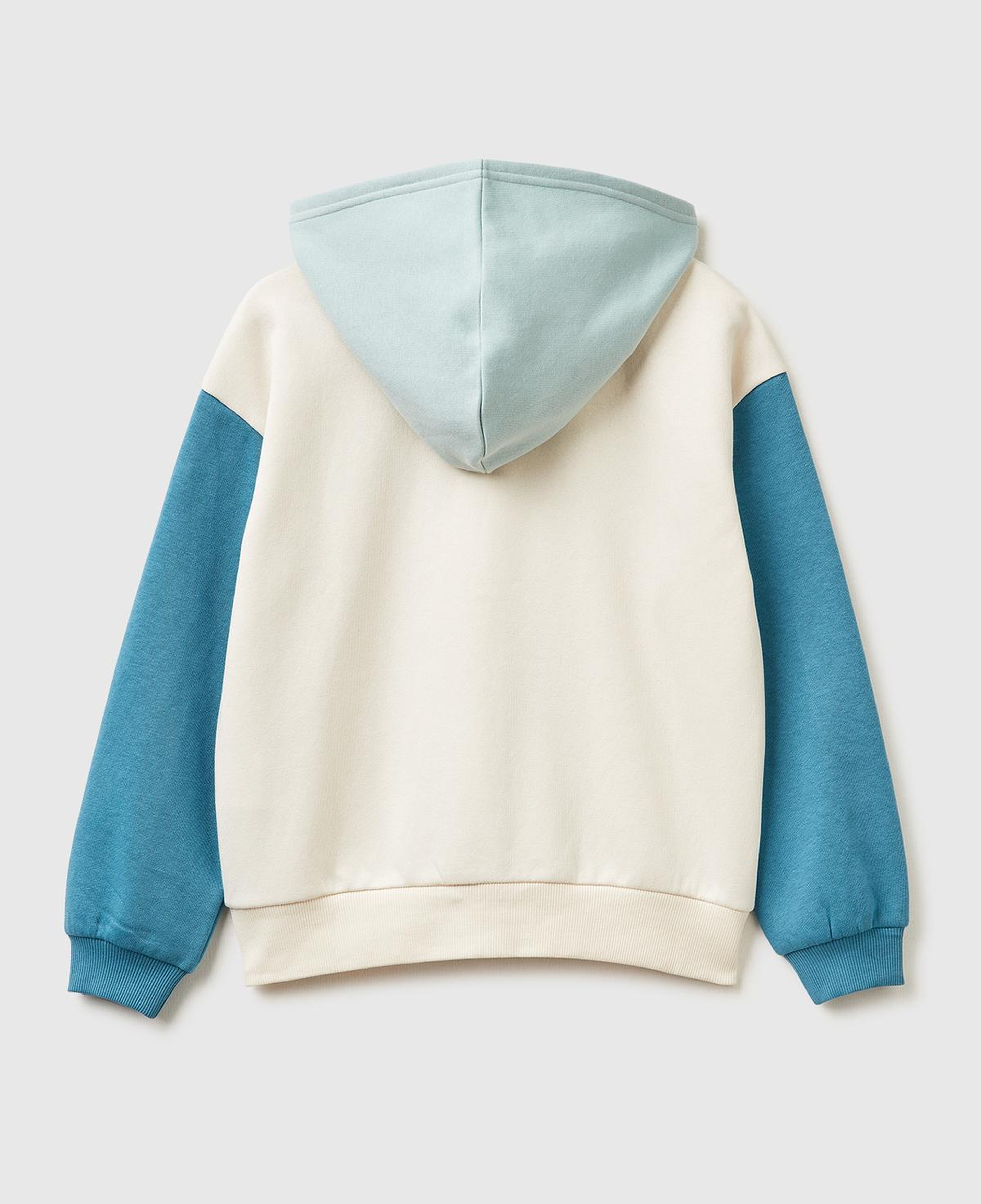 Kız Çocuk Ekru-Mavi Önü Payetli Logolu Cepli Kapüşonlu Şardonlu Sweatshirt