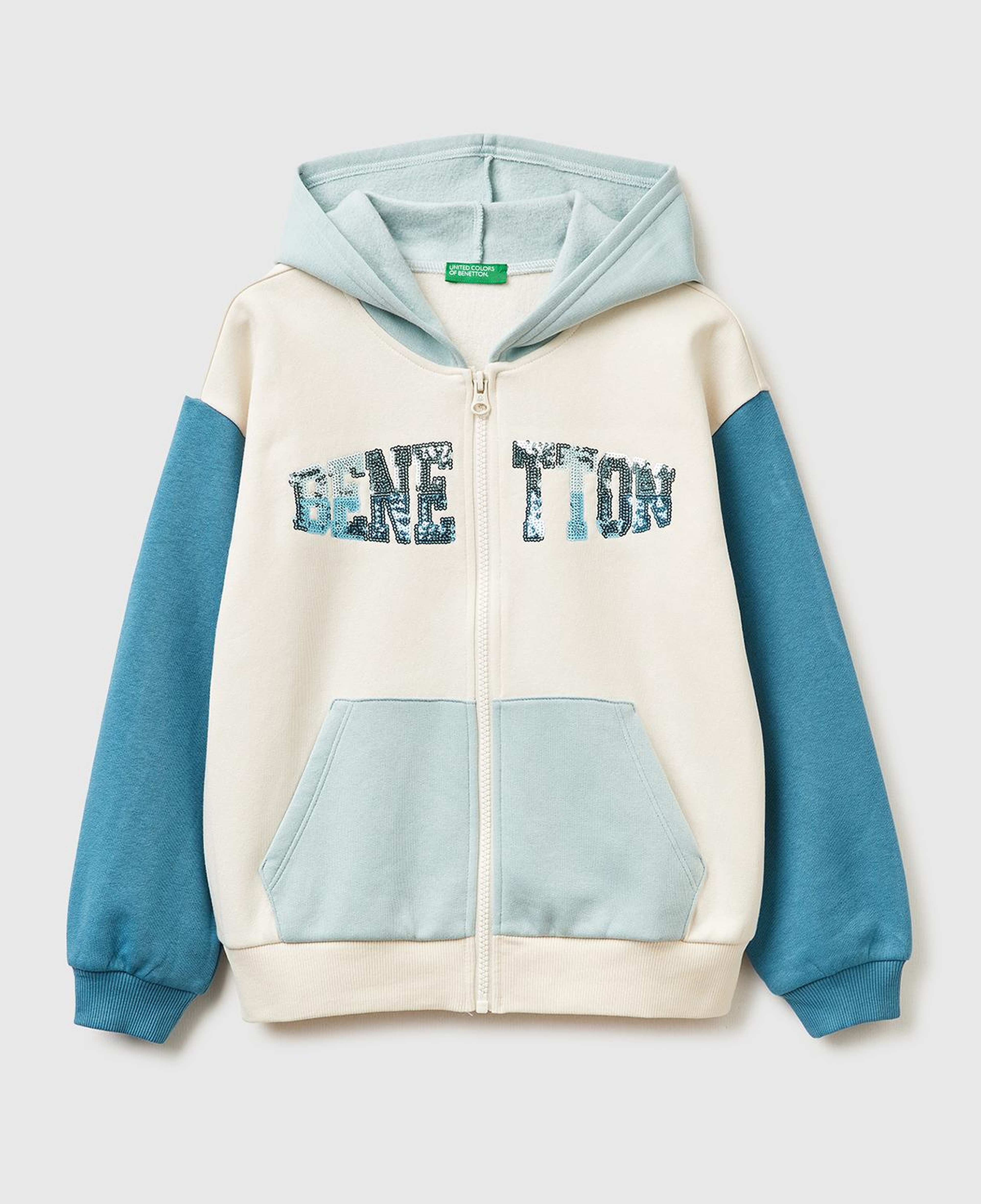 Kız Çocuk Ekru-Mavi Önü Payetli Logolu Cepli Kapüşonlu Şardonlu Sweatshirt