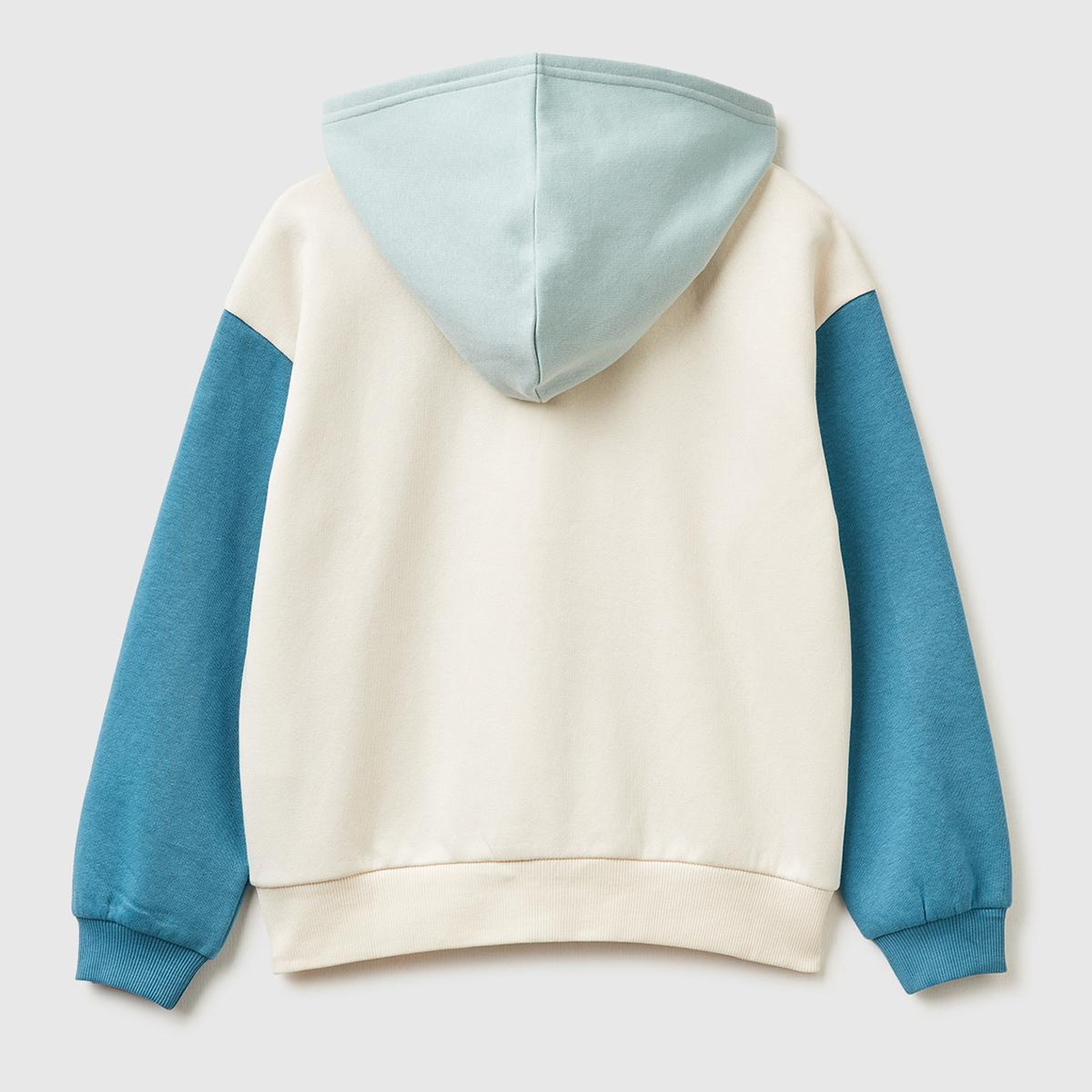 Kız Çocuk Ekru-Mavi Önü Payetli Logolu Cepli Kapüşonlu Şardonlu Sweatshirt