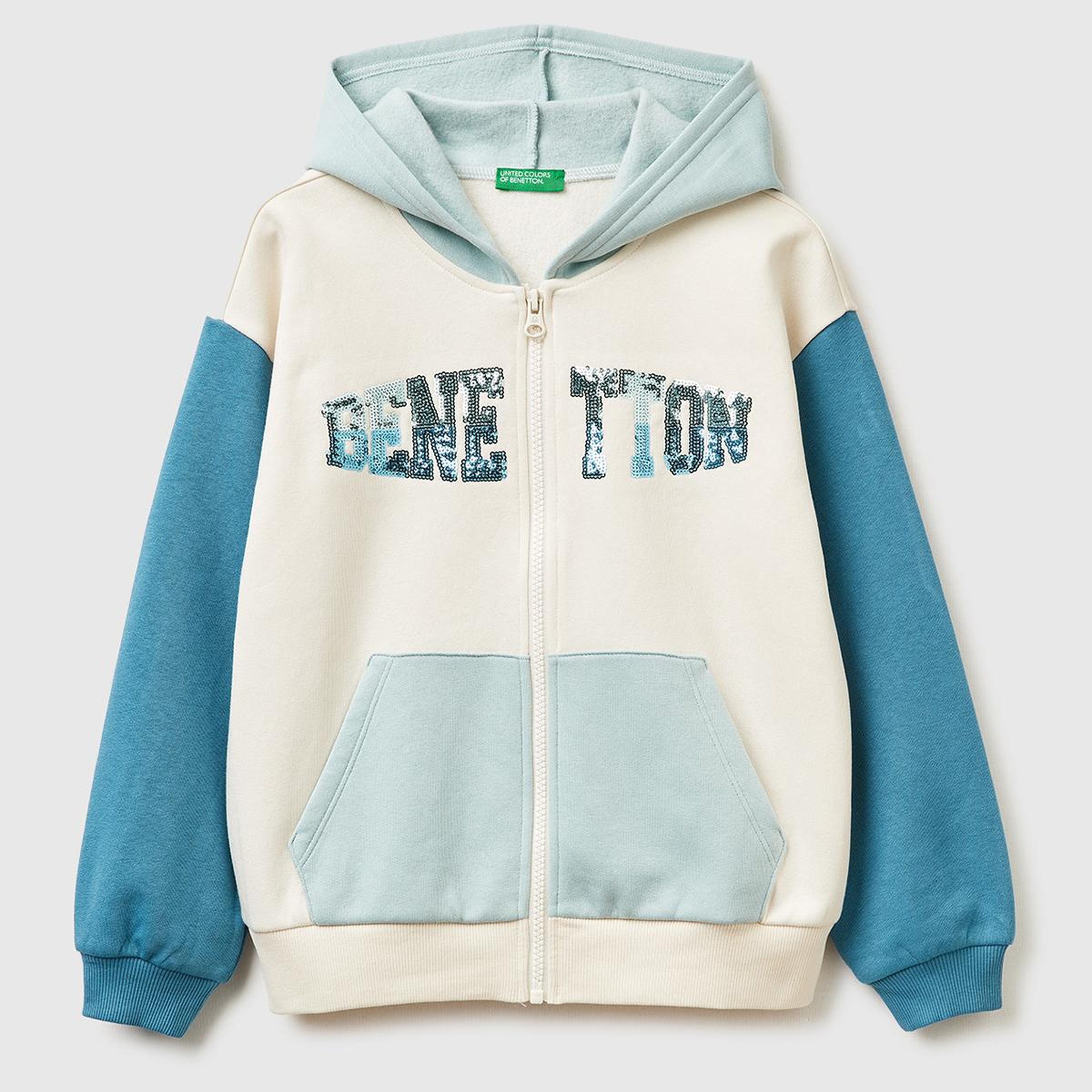 Kız Çocuk Ekru-Mavi Önü Payetli Logolu Cepli Kapüşonlu Şardonlu Sweatshirt