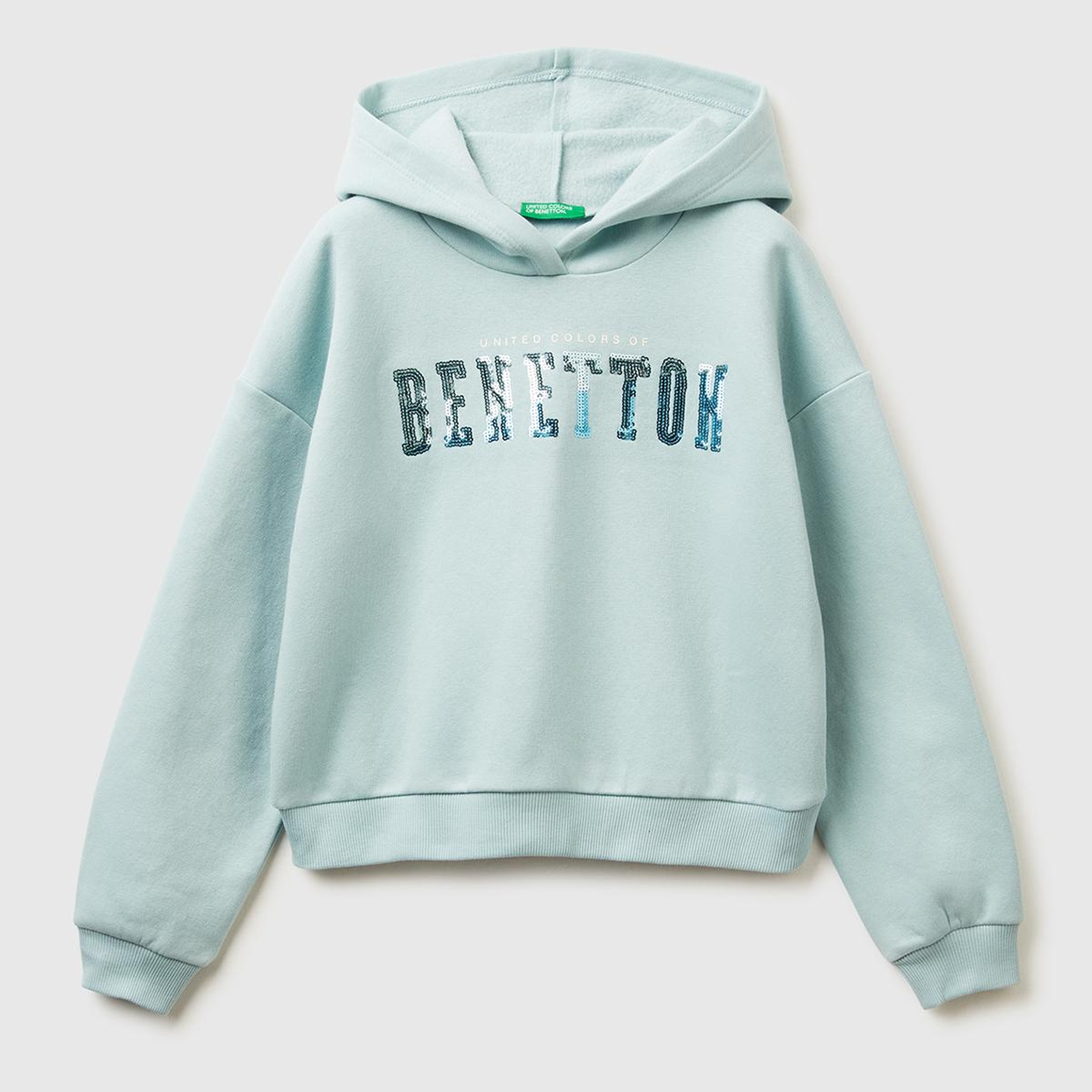 Kız Çocuk Su Yeşili Payet İşlemeli Nervürlü Regular Fit Kapüşonlu Şardonlu Sweatshirt