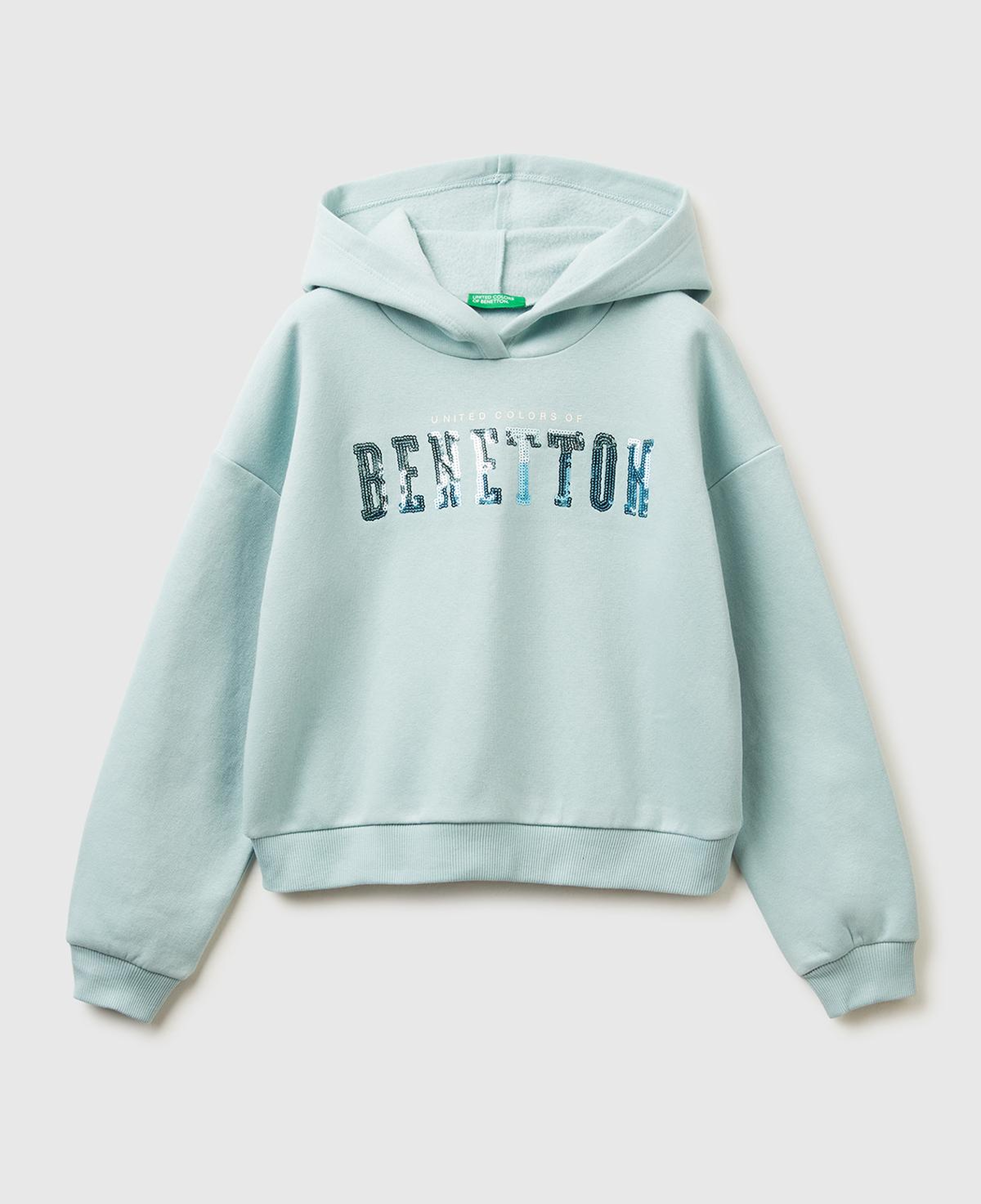 Kız Çocuk Su Yeşili Payet İşlemeli Nervürlü Regular Fit Kapüşonlu Şardonlu Sweatshirt