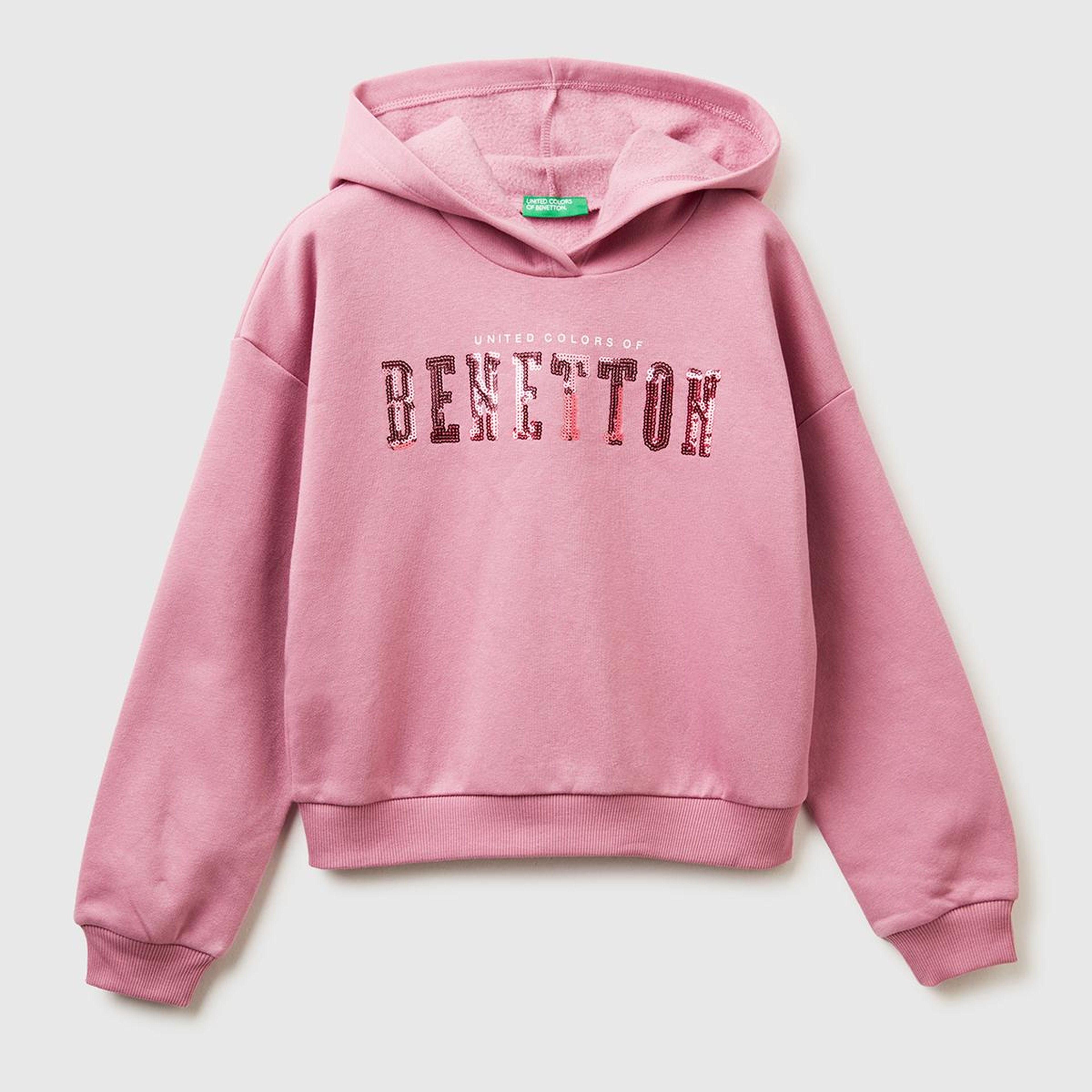 Kız Çocuk Gül Kurusu Payet İşlemeli Nervürlü Regular Fit Kapüşonlu Şardonlu Sweatshirt