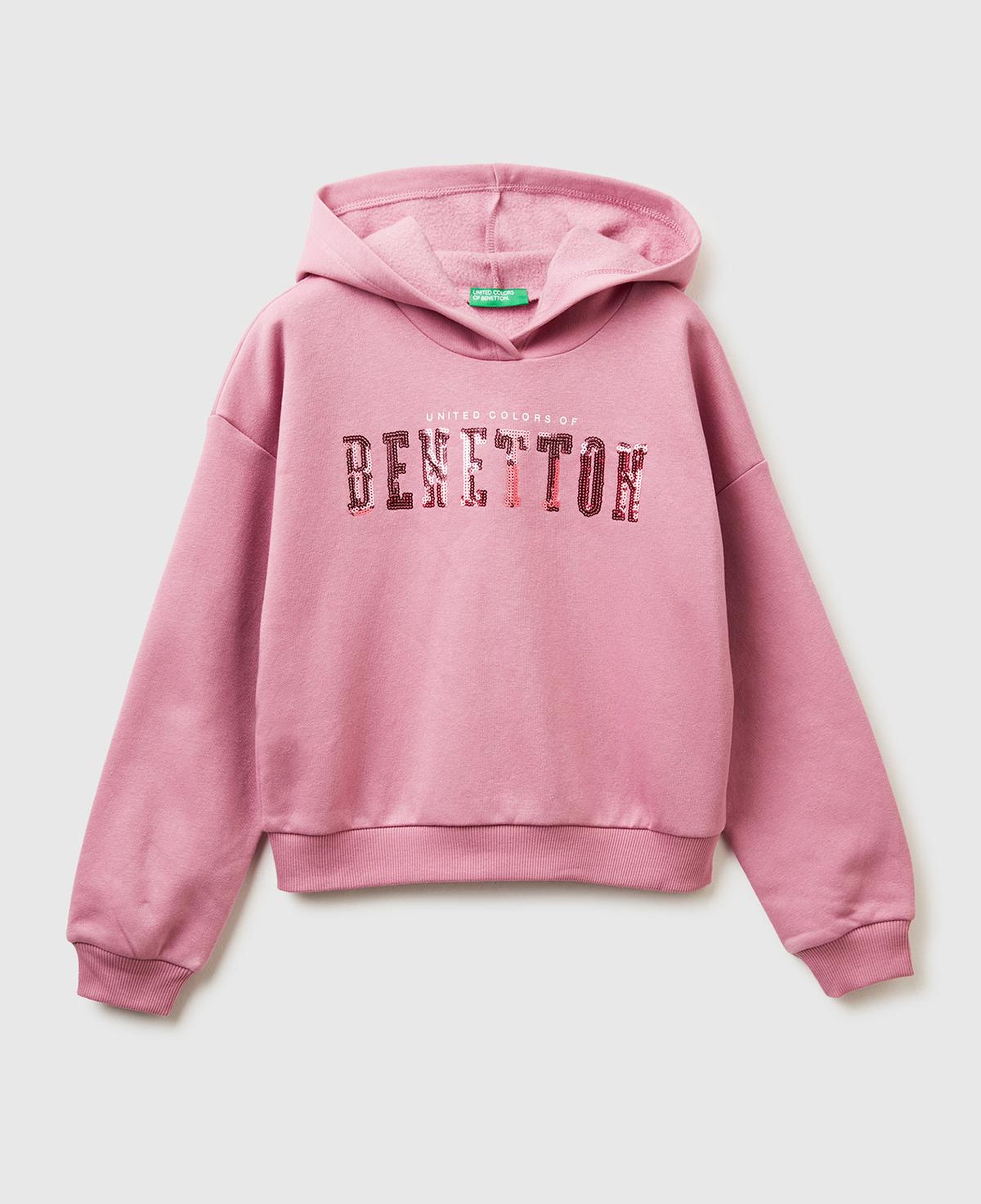 Kız Çocuk Gül Kurusu Payet İşlemeli Nervürlü Regular Fit Kapüşonlu Şardonlu Sweatshirt