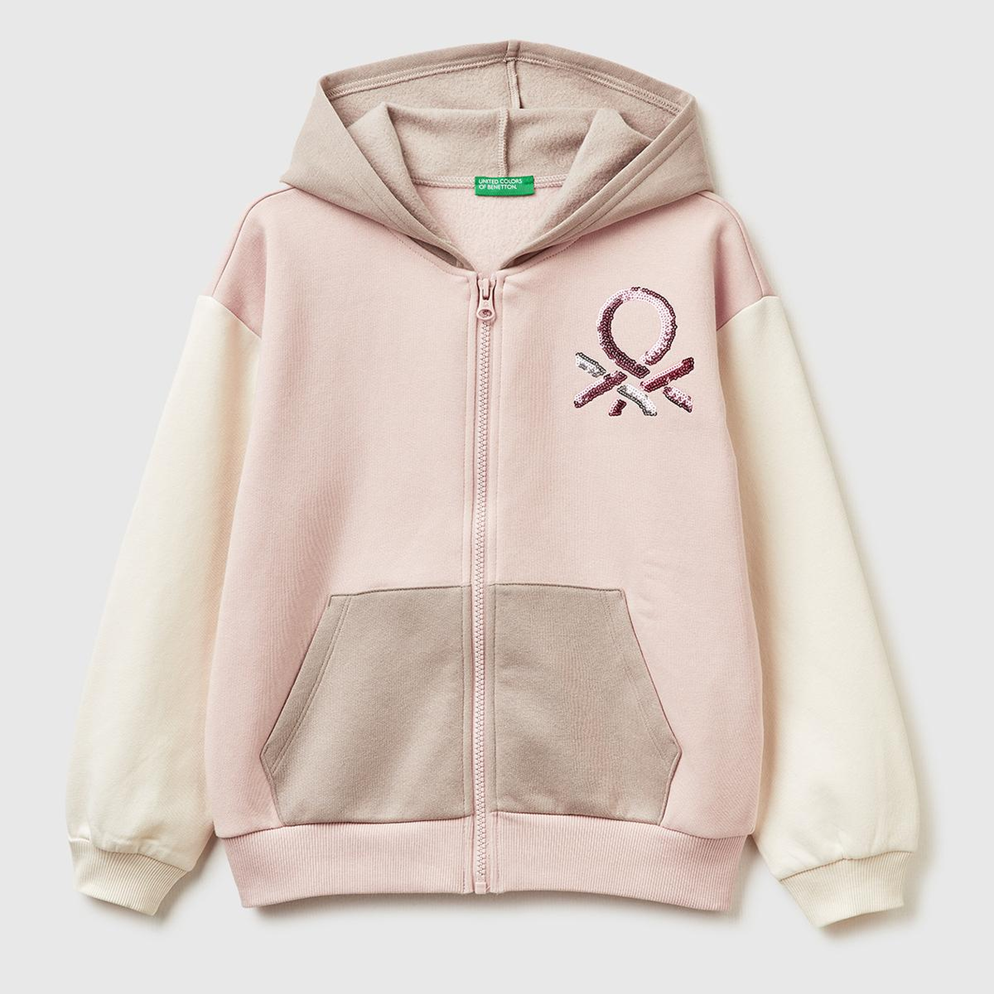 Kız Çocuk Krem-Pembe Önü Payetli Logolu Cepli Kapüşonlu Şardonlu Sweatshirt