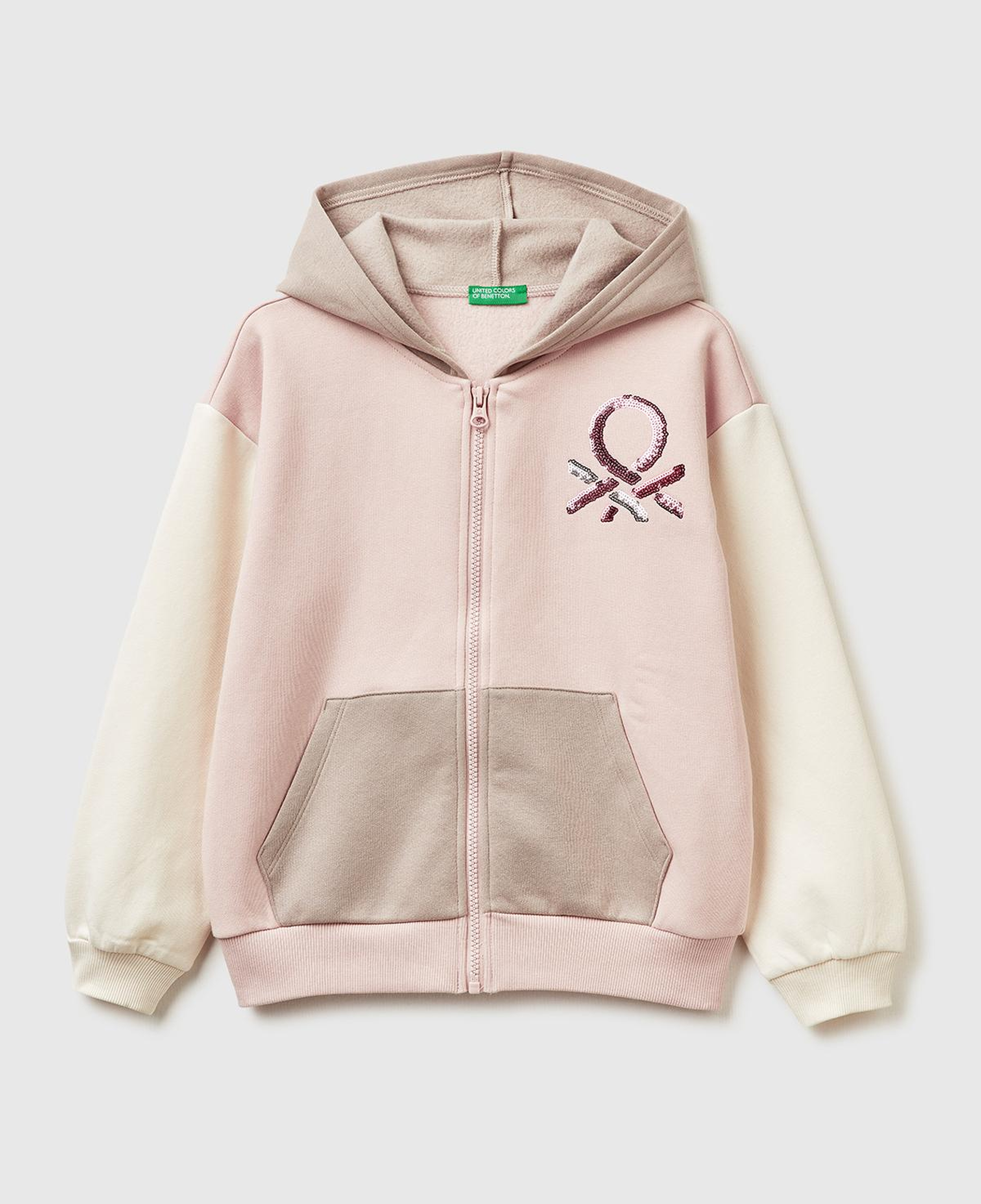 Kız Çocuk Krem-Pembe Önü Payetli Logolu Cepli Kapüşonlu Şardonlu Sweatshirt