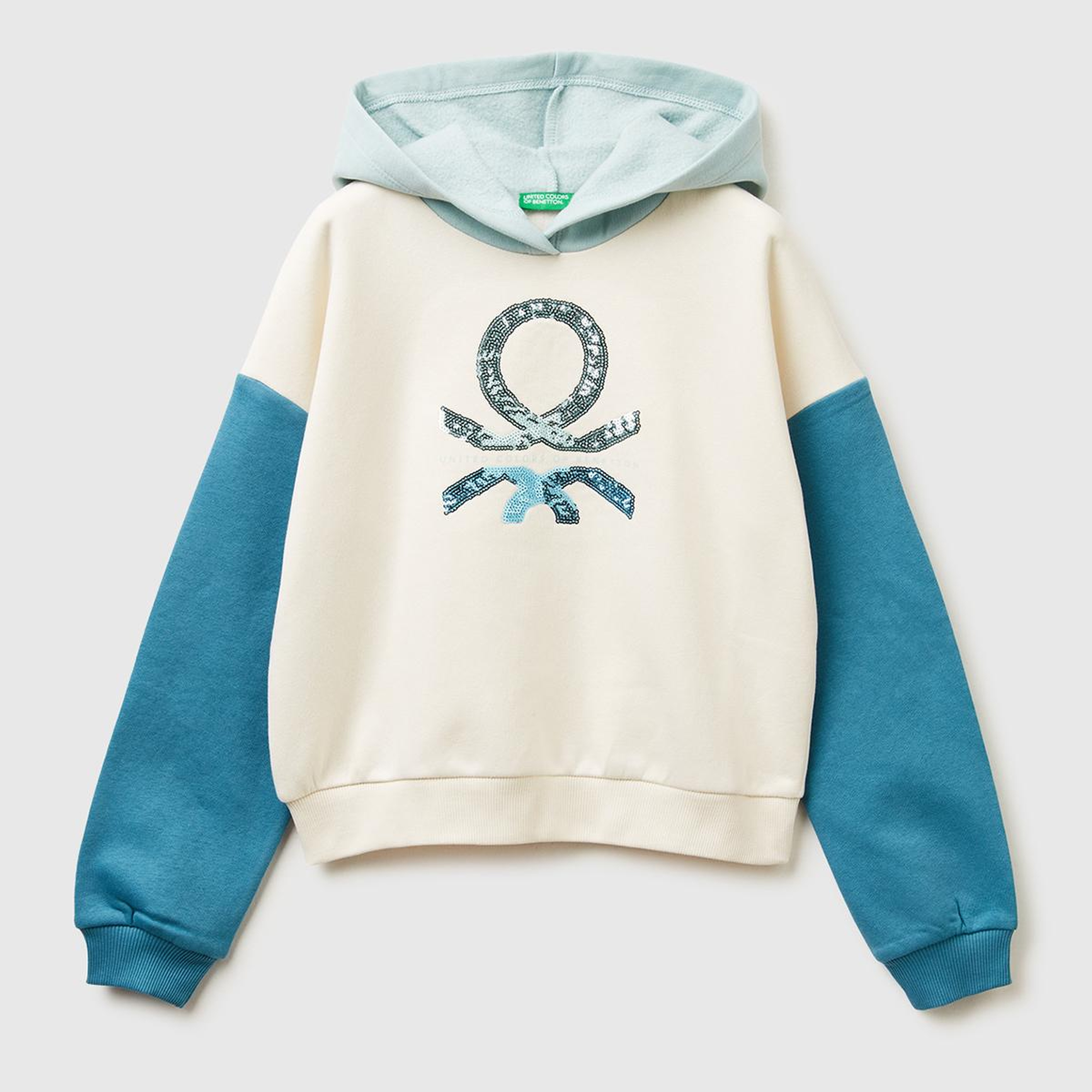 Kız Çocuk Ekru-Mavi Payet İşlemeli Nervürlü Regular Fit Kapüşonlu Şardonlu Sweatshirt