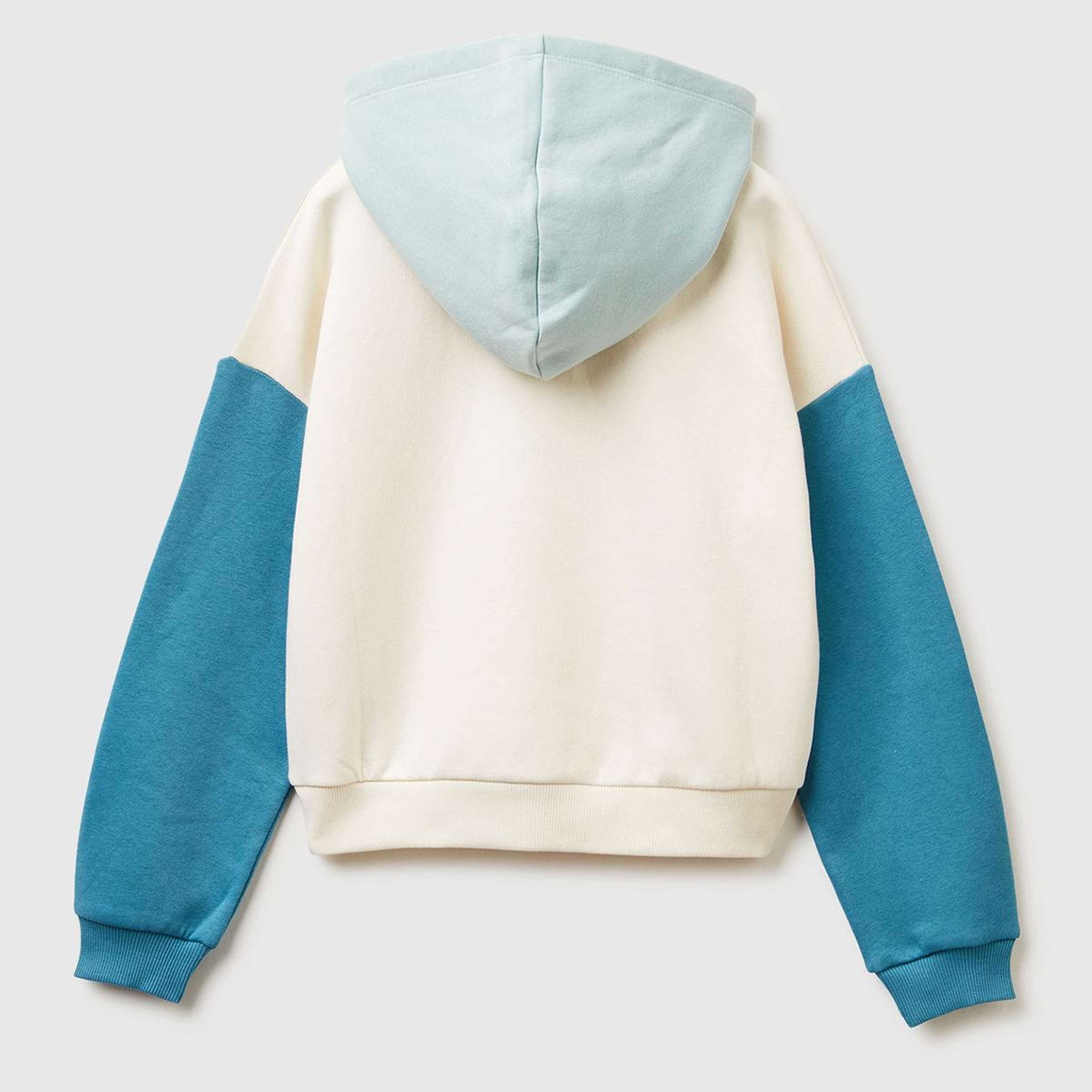 Kız Çocuk Ekru-Mavi Payet İşlemeli Nervürlü Regular Fit Kapüşonlu Şardonlu Sweatshirt