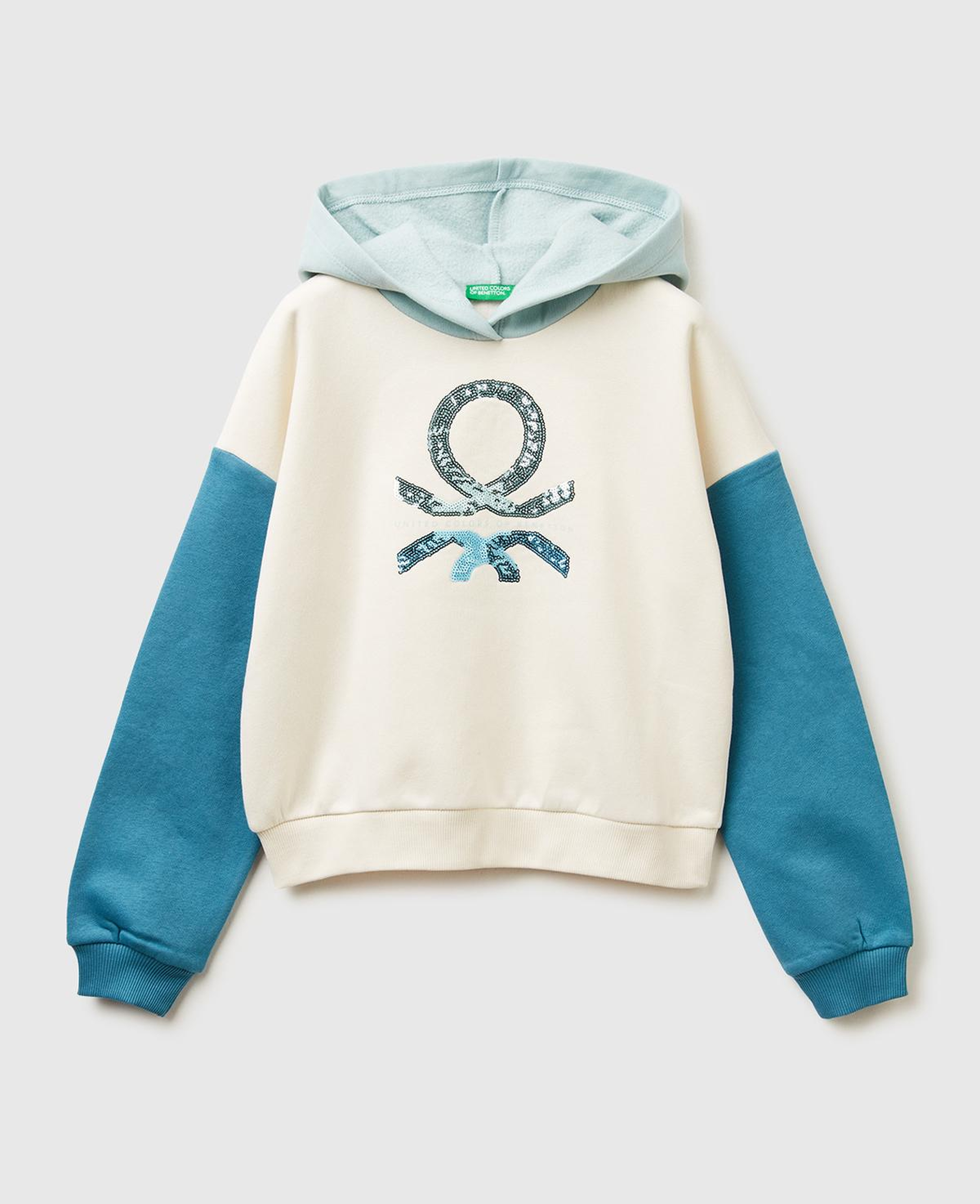 Kız Çocuk Ekru-Mavi Payet İşlemeli Nervürlü Regular Fit Kapüşonlu Şardonlu Sweatshirt