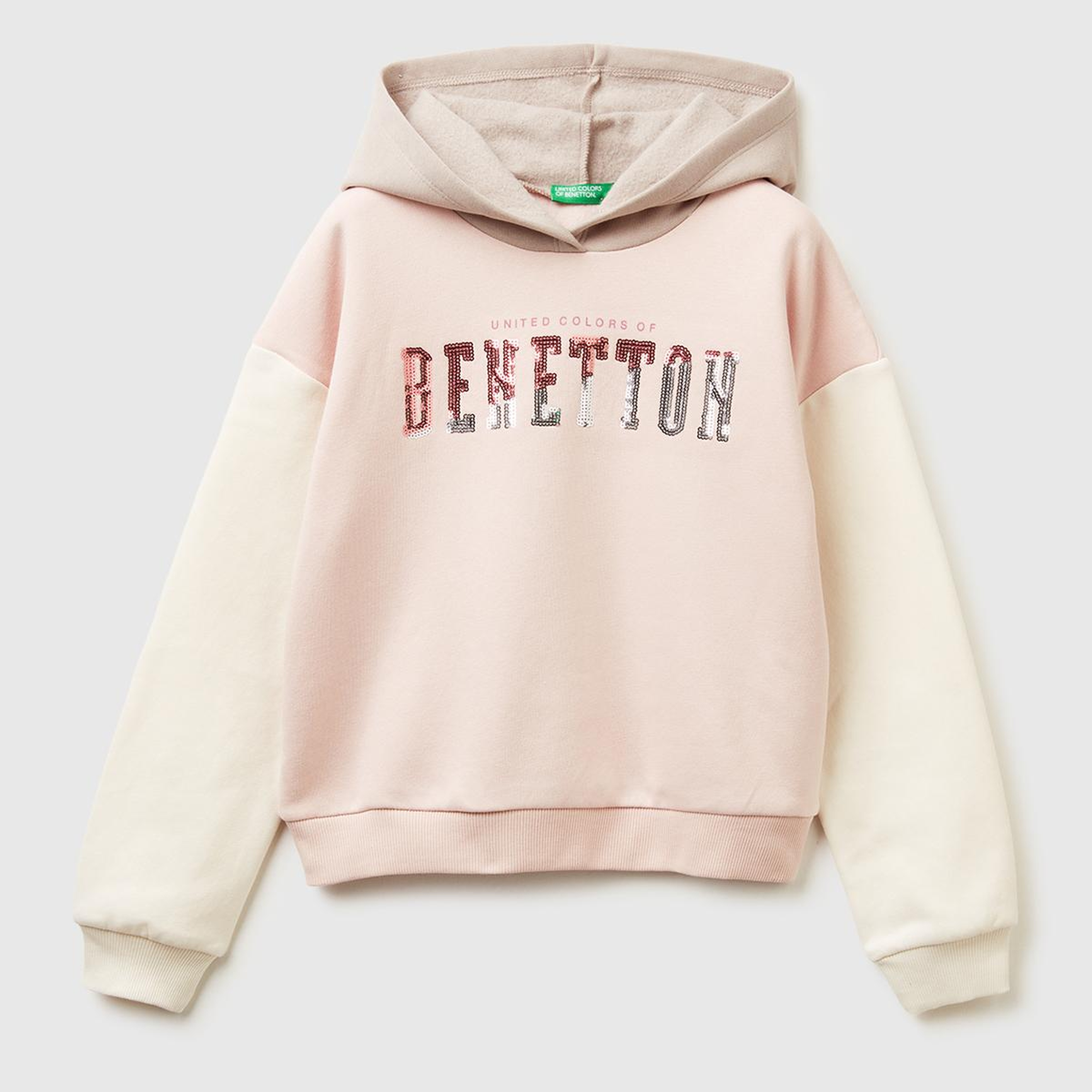 Kız Çocuk Krem-Pembe Payet İşlemeli Nervürlü Regular Fit Kapüşonlu Şardonlu Sweatshirt