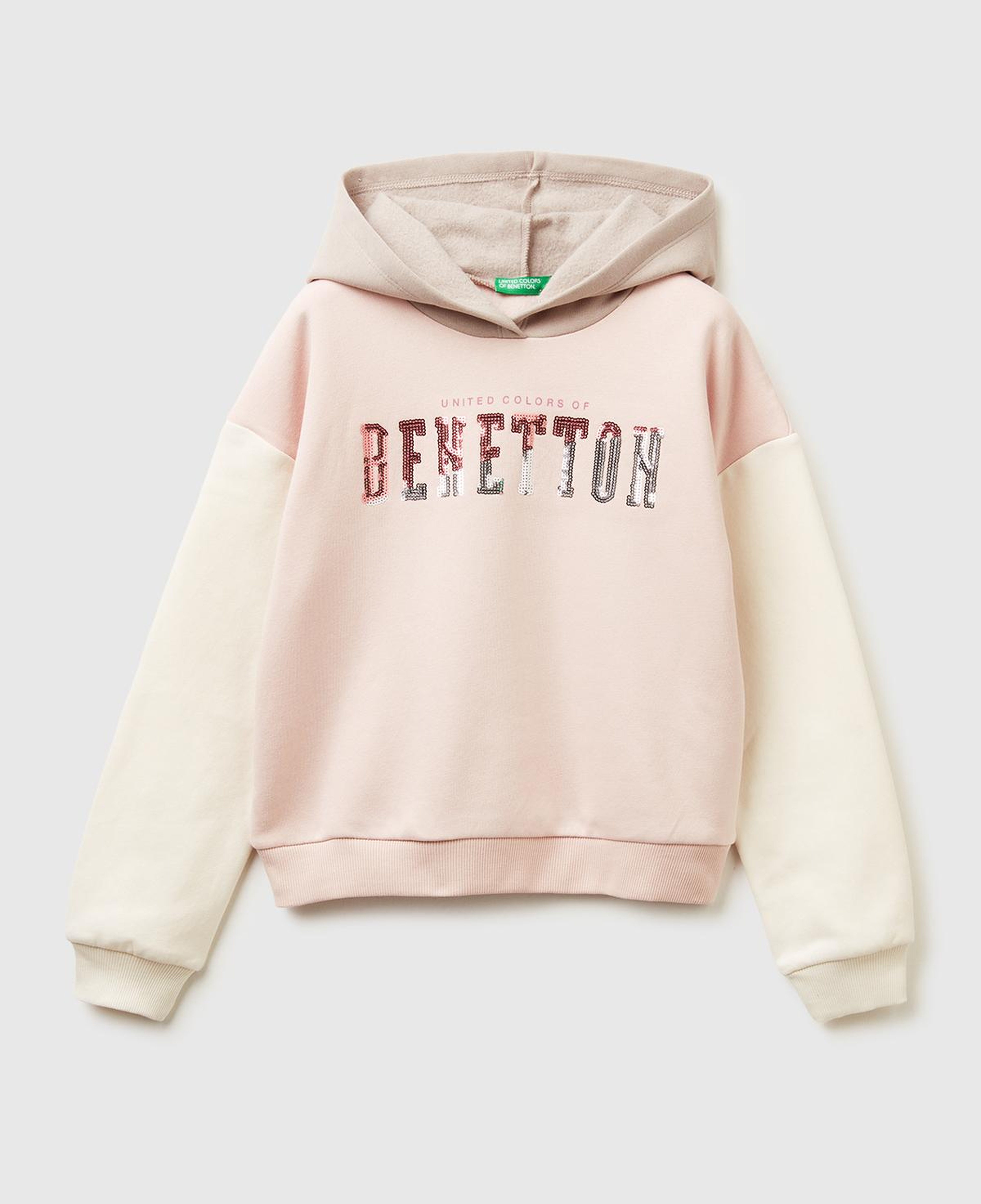 Kız Çocuk Krem-Pembe Payet İşlemeli Nervürlü Regular Fit Kapüşonlu Şardonlu Sweatshirt