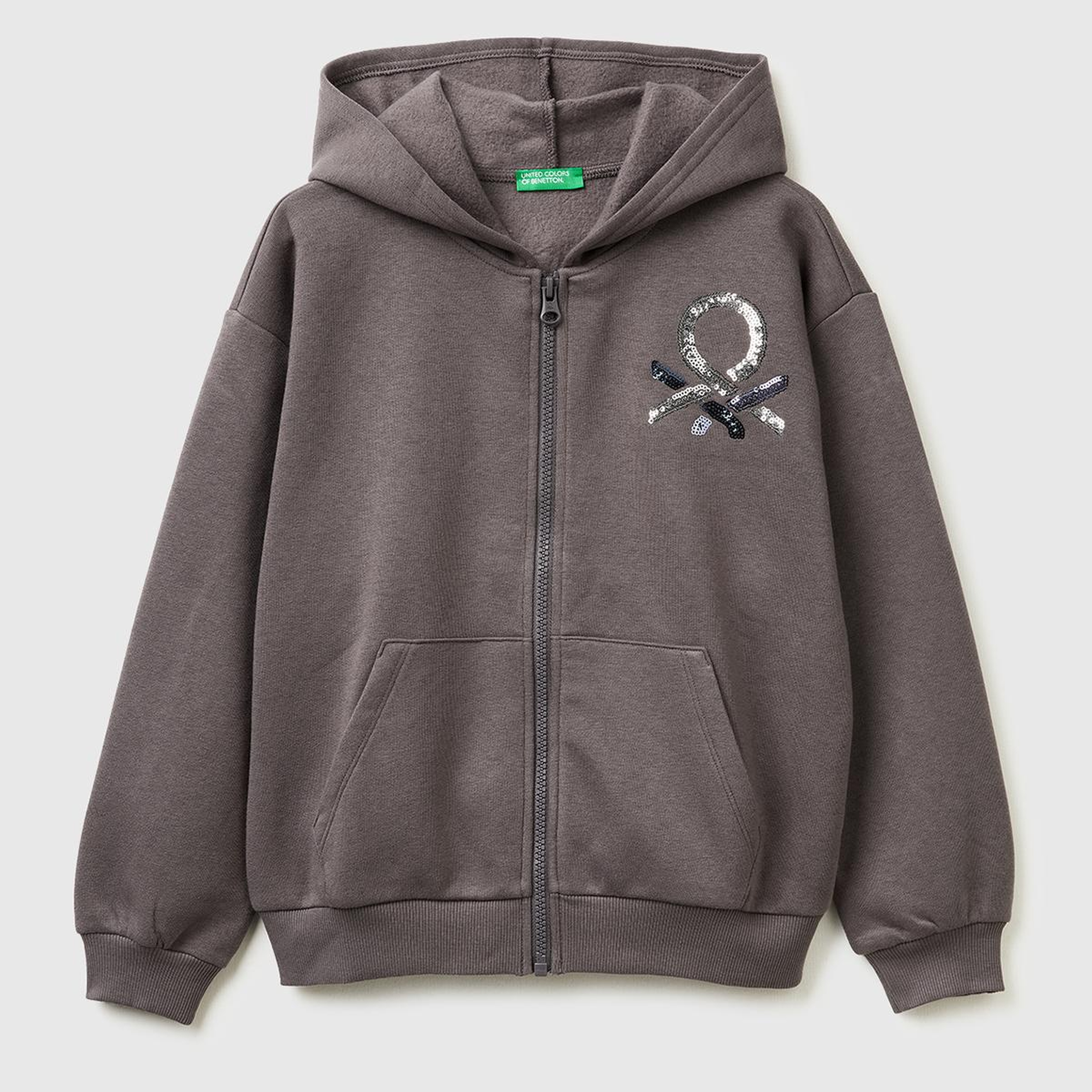 Kız Çocuk Koyu Kahverengi Önü Payetli Logolu Cepli Kapüşonlu Şardonlu Sweatshirt