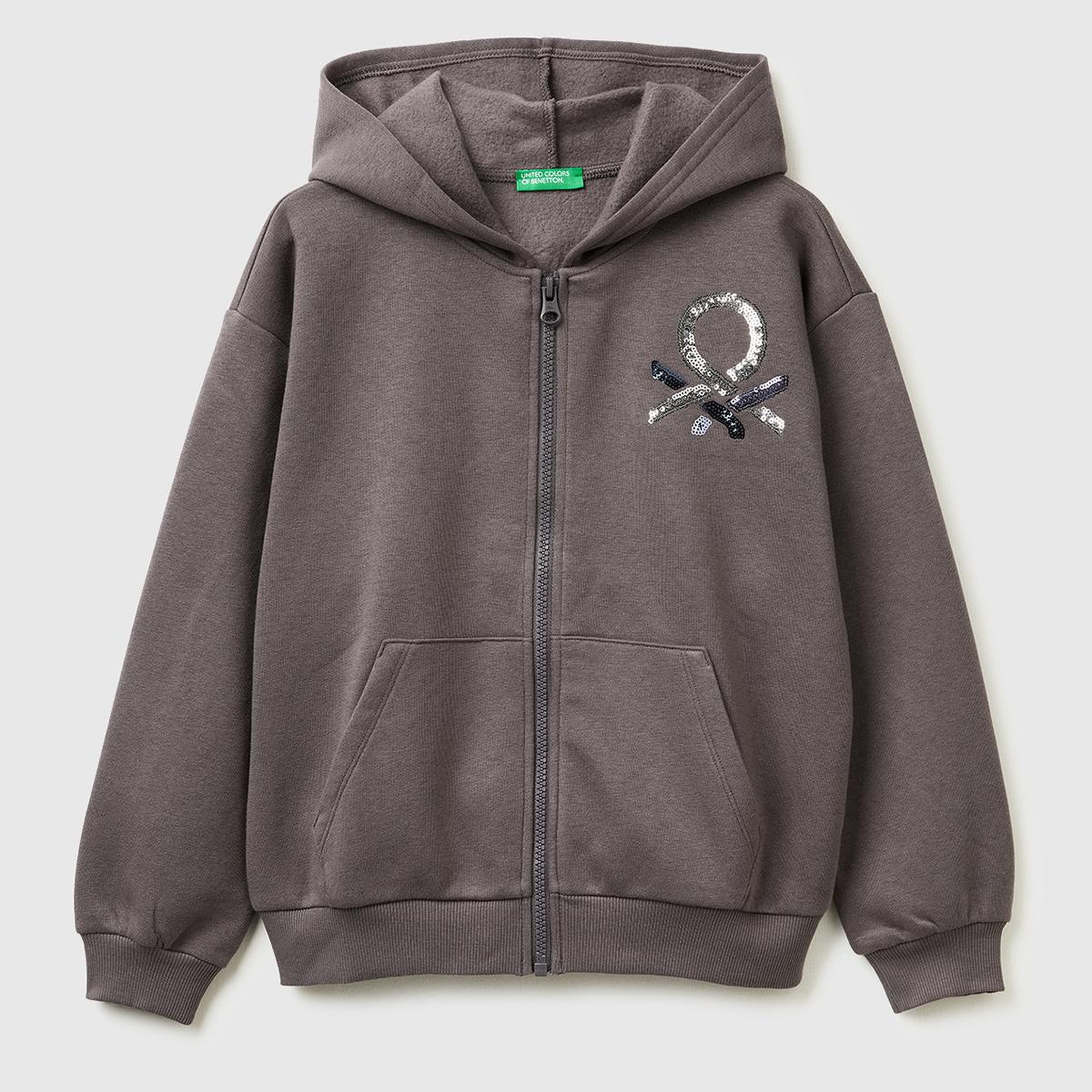Kız Çocuk Koyu Kahverengi Önü Payetli Logolu Cepli Kapüşonlu Şardonlu Sweatshirt