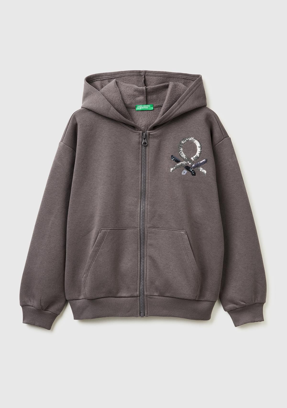 Kız Çocuk Koyu Kahverengi Önü Payetli Logolu Cepli Kapüşonlu Şardonlu Sweatshirt