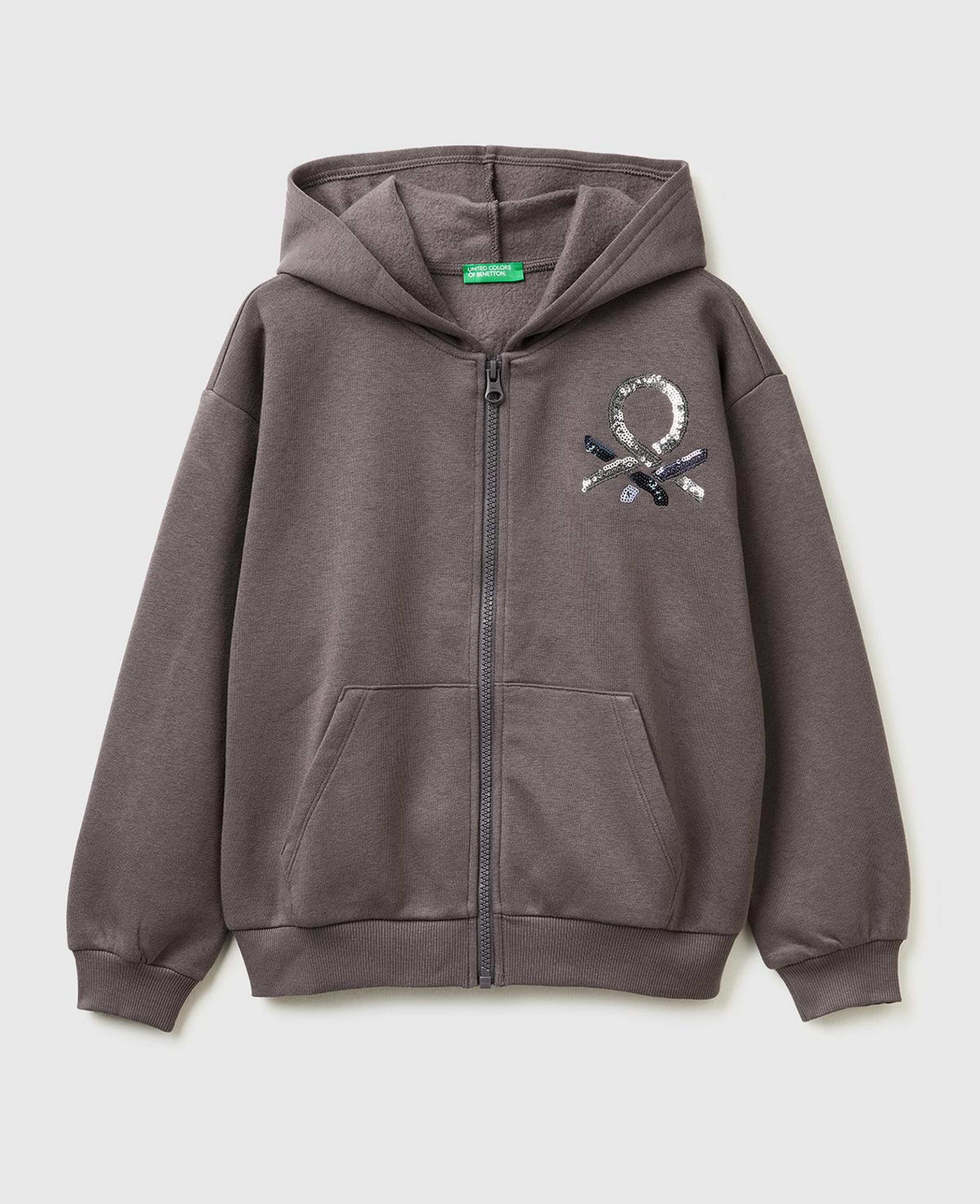 Kız Çocuk Koyu Kahverengi Önü Payetli Logolu Cepli Kapüşonlu Şardonlu Sweatshirt