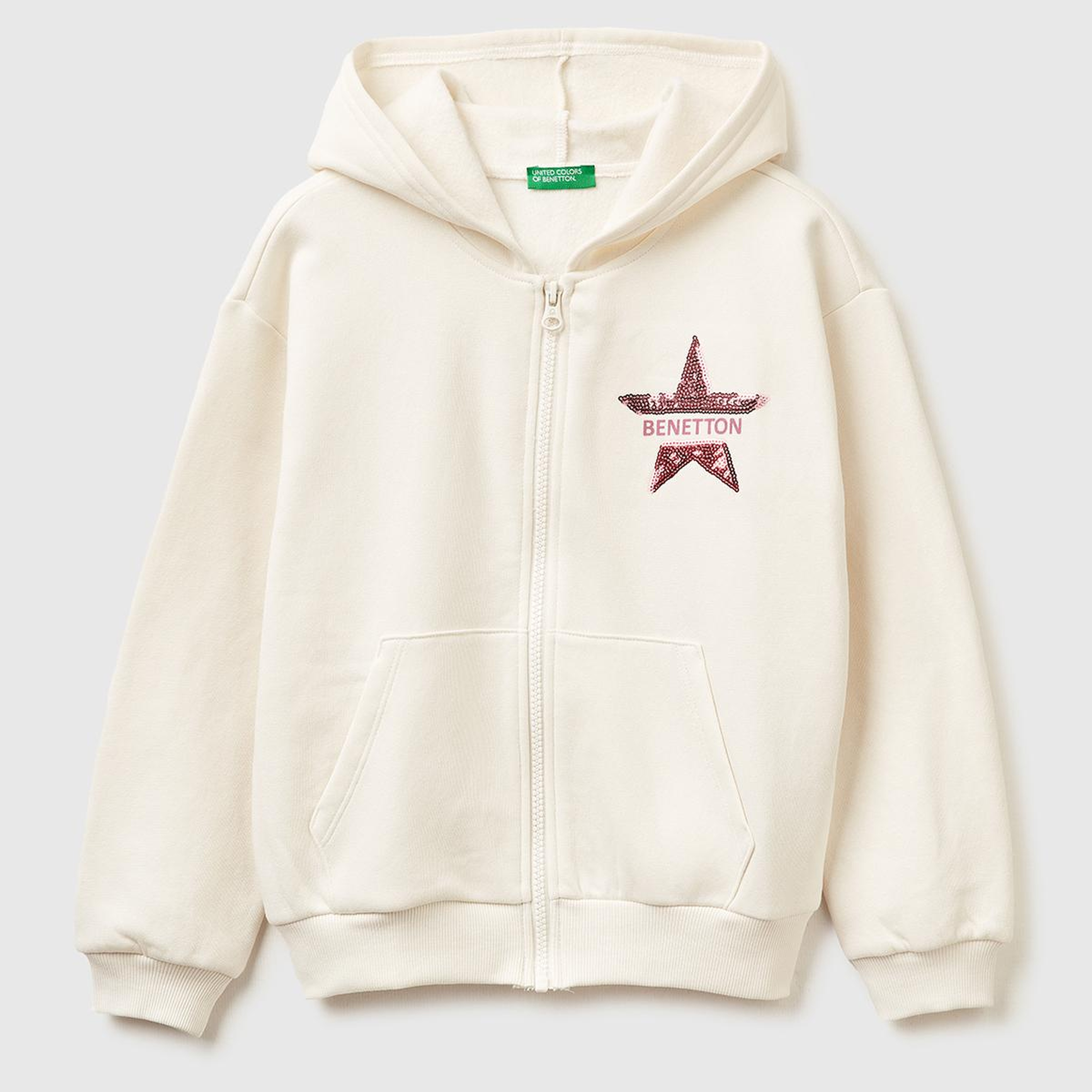 Kız Çocuk Ekru Önü Payetli Logolu Cepli Kapüşonlu Şardonlu Sweatshirt