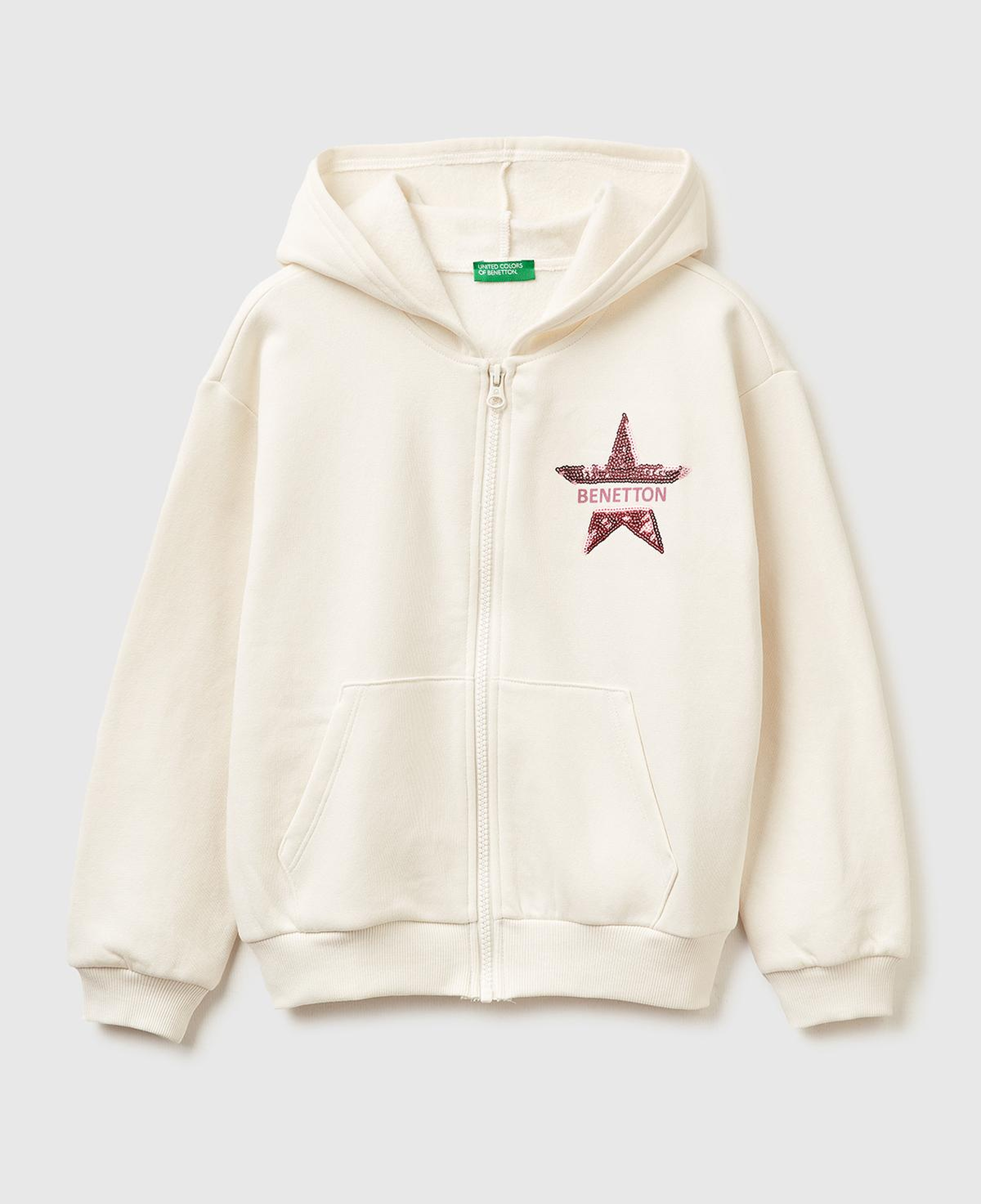 Kız Çocuk Ekru Önü Payetli Logolu Cepli Kapüşonlu Şardonlu Sweatshirt